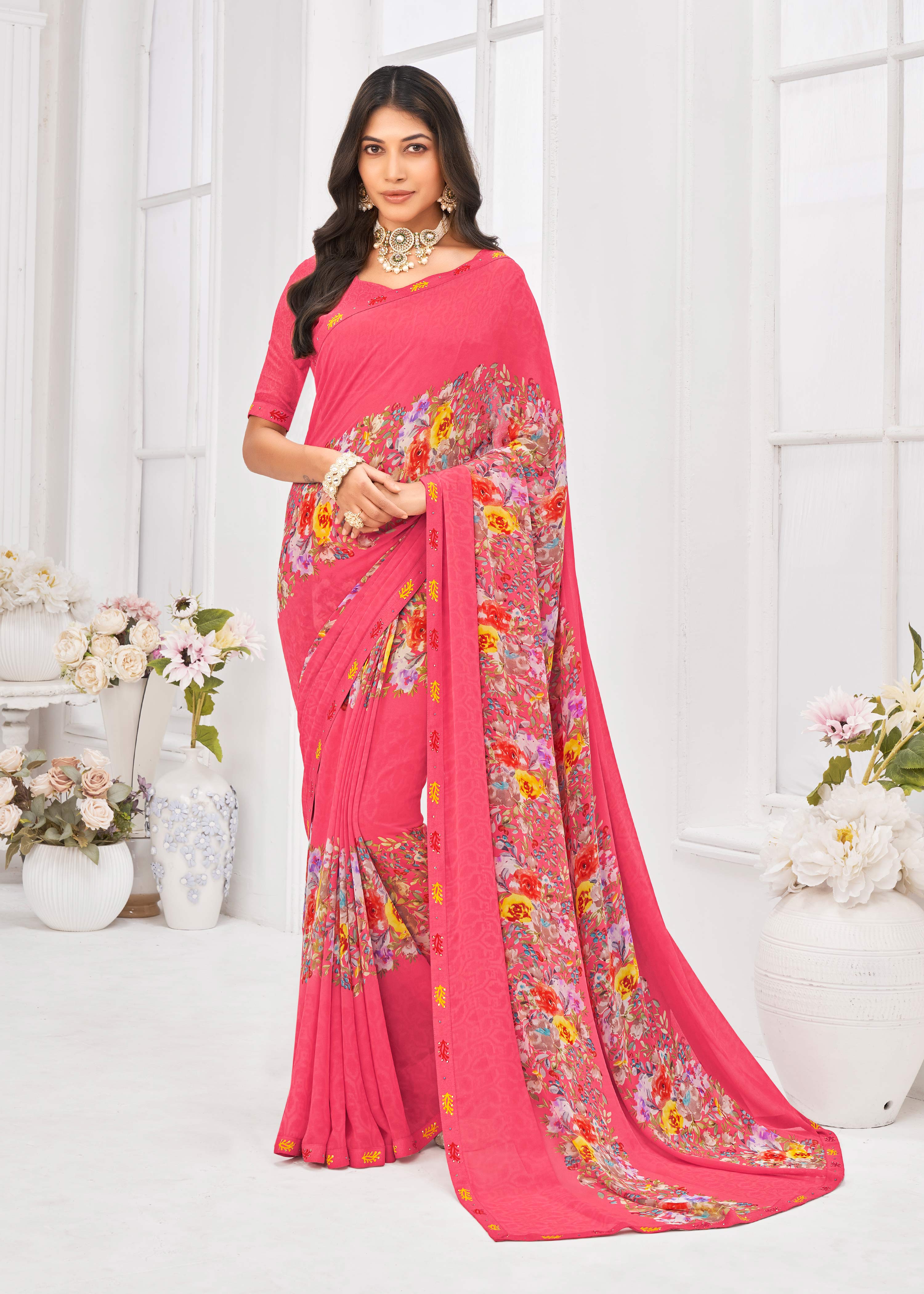 Laxmipati Dil Khushal Floral Printed Georgette Saree in Pink Color with Unstitched Blouse