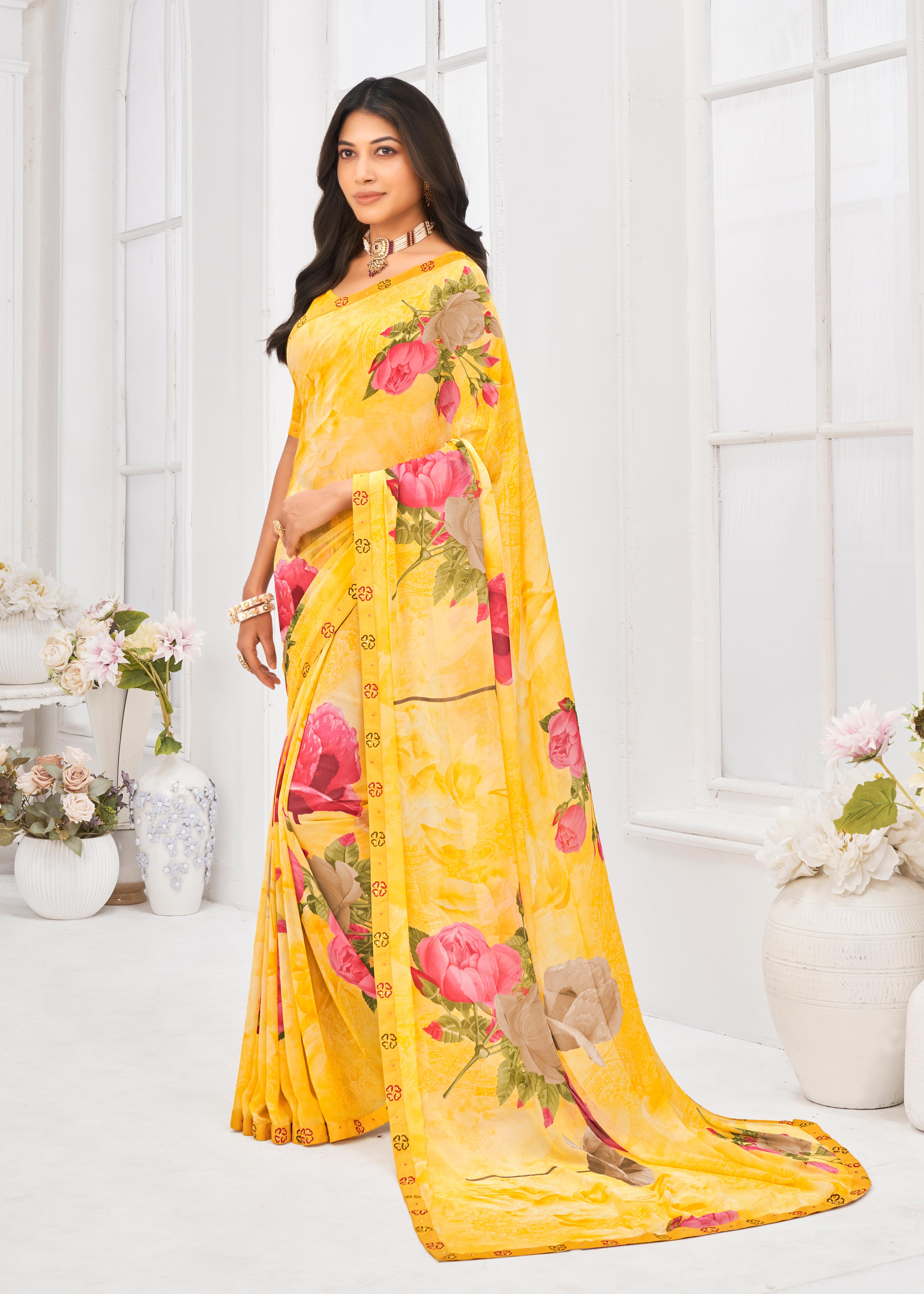 Laxmipati Dil Khushal Floral Printed Georgette Saree in Yellow Color with Unstitched Blouse