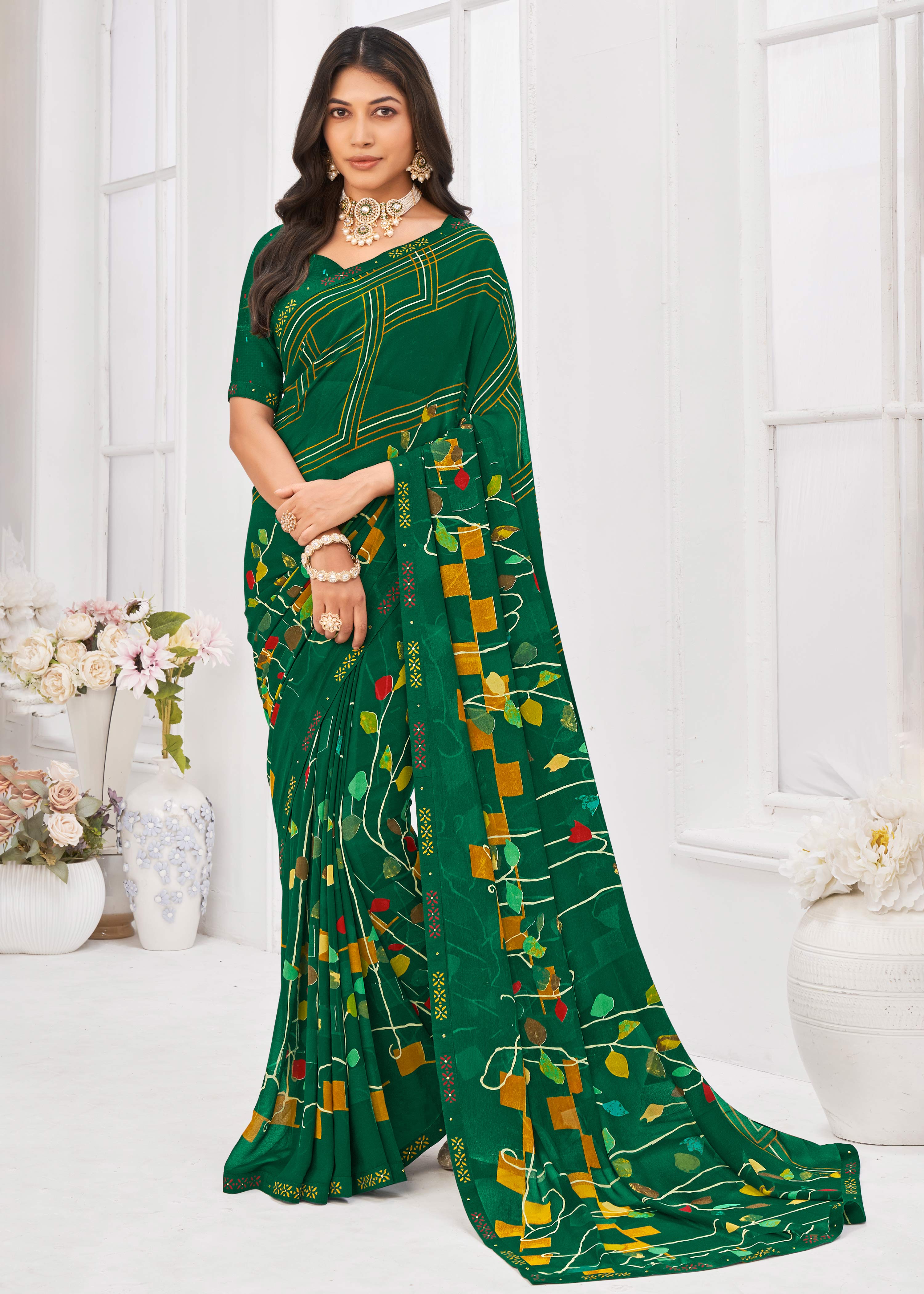 Laxmipati Dil Khushal Floral Printed Georgette Saree in Dark Green Color with Unstitched Blouse
