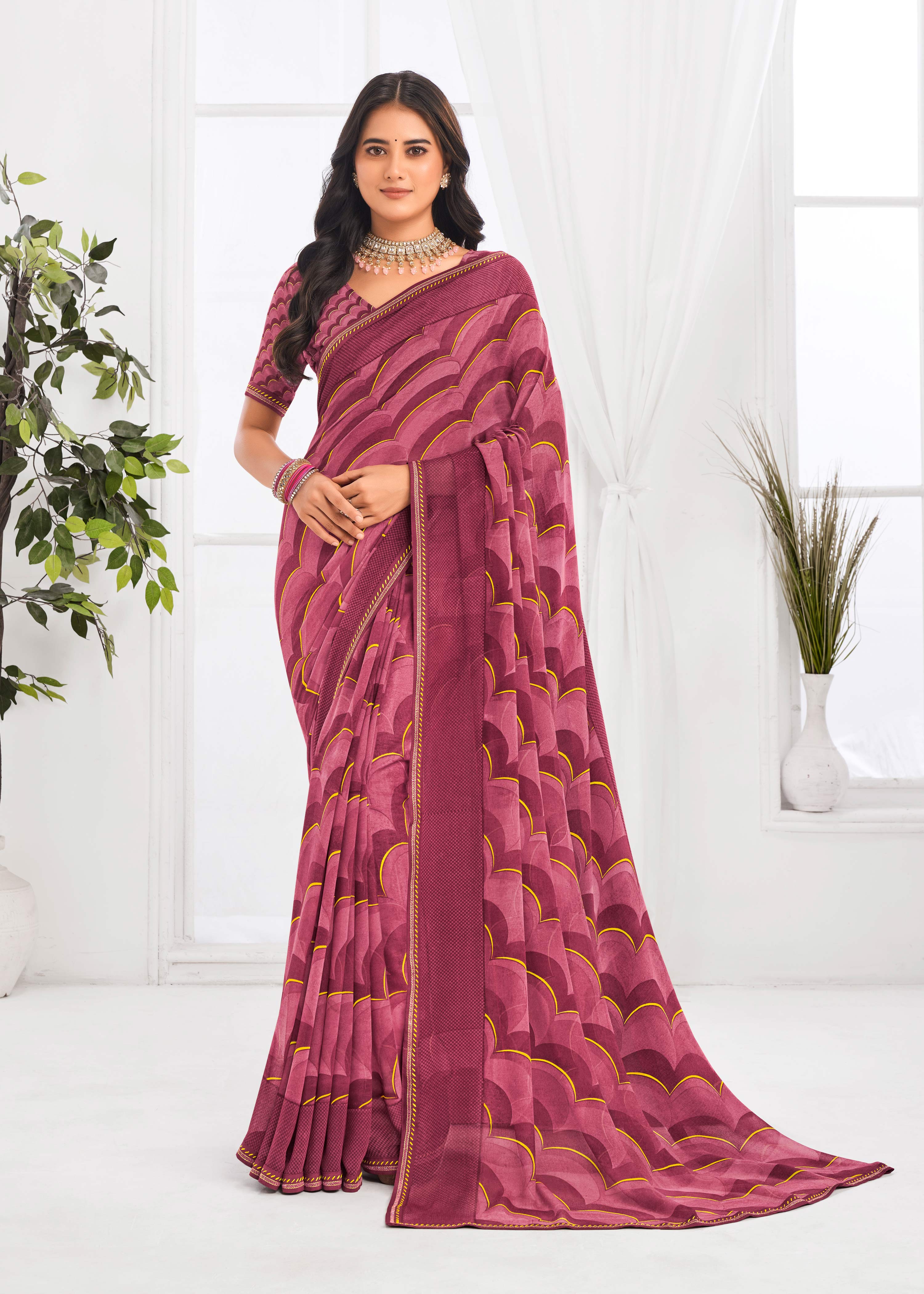 Laxmipati Jaayaphal Dark Mauve Geometric Georgette Printed Saree