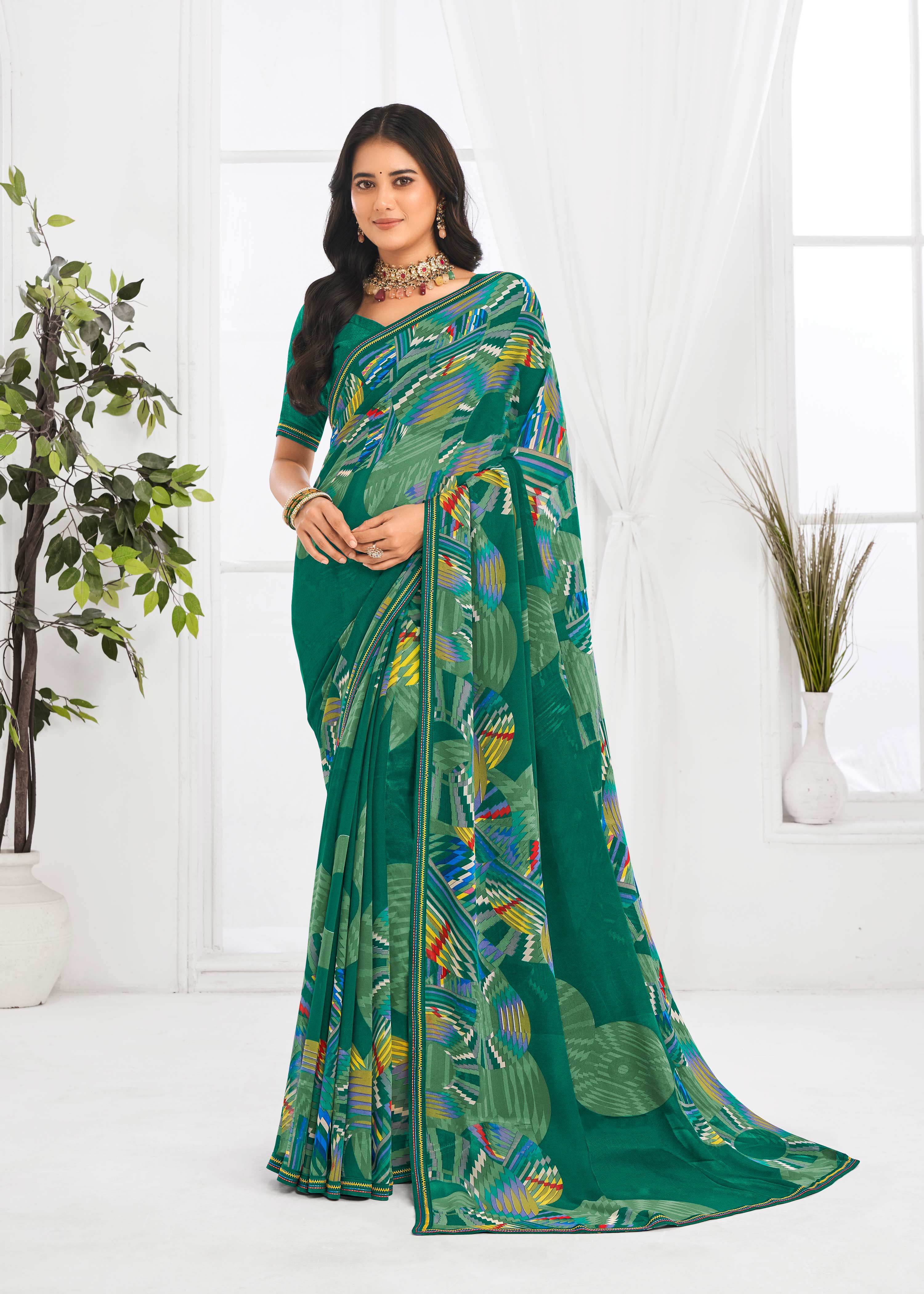Laxmipati Jaayaphal Teal Green Geometric Georgette Printed Saree