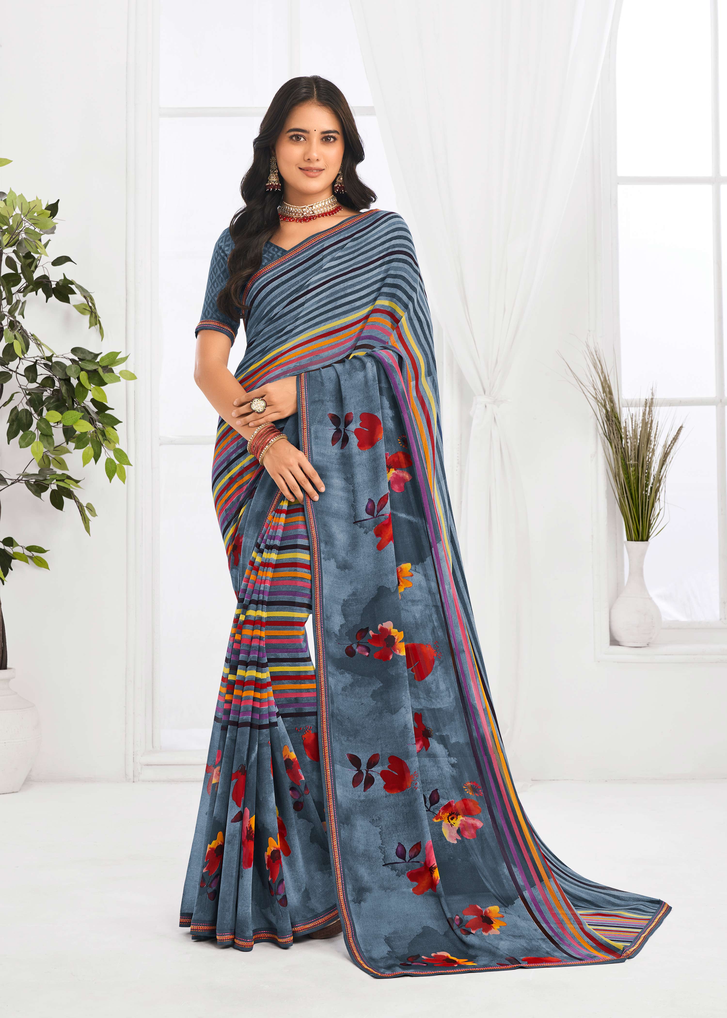 Laxmipati Jaayaphal Grey Georgette Saree with Multicolor Stripes & Floral Print