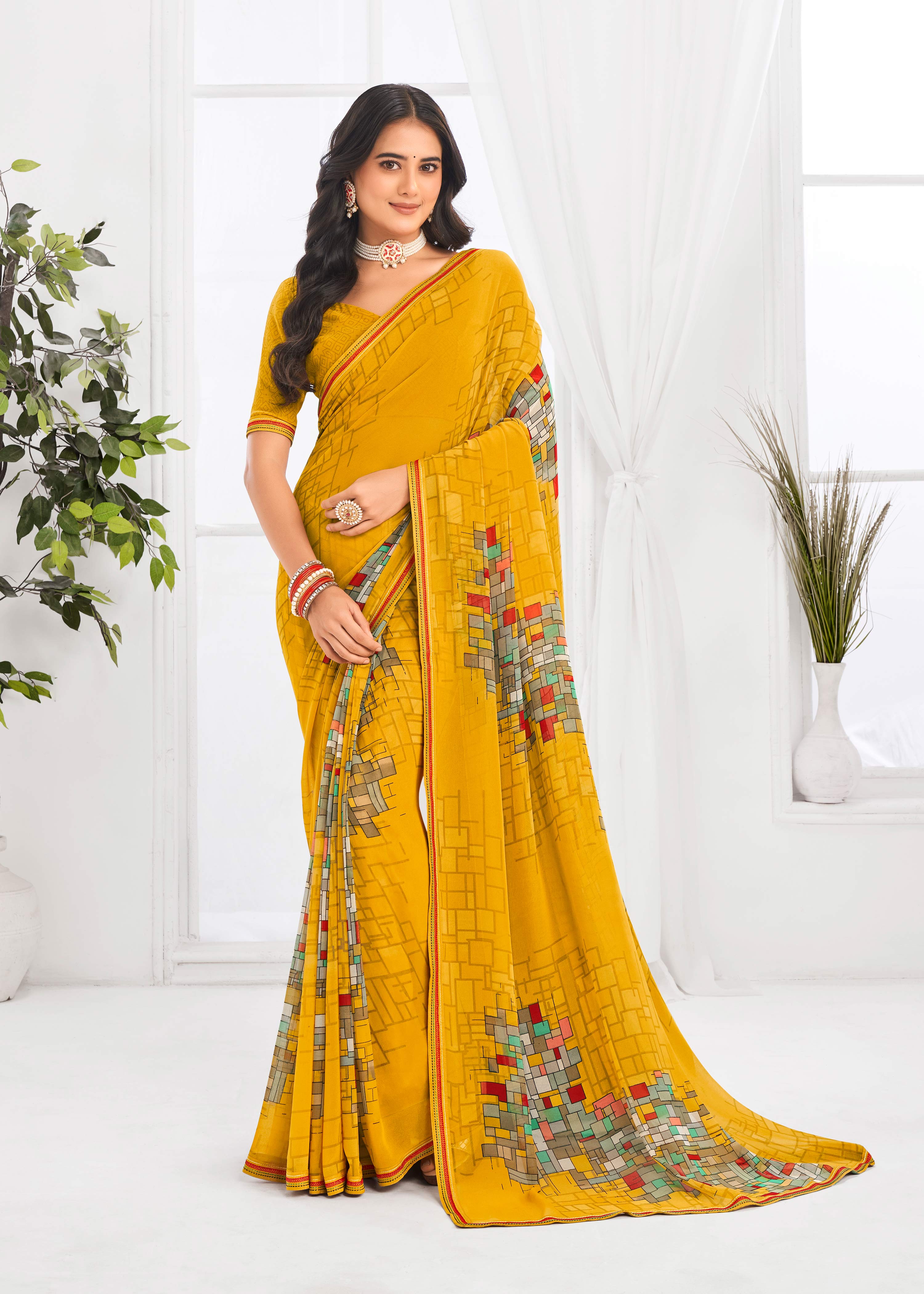 Laxmipati Jaayaphal Mustard Geometric Georgette Printed Saree