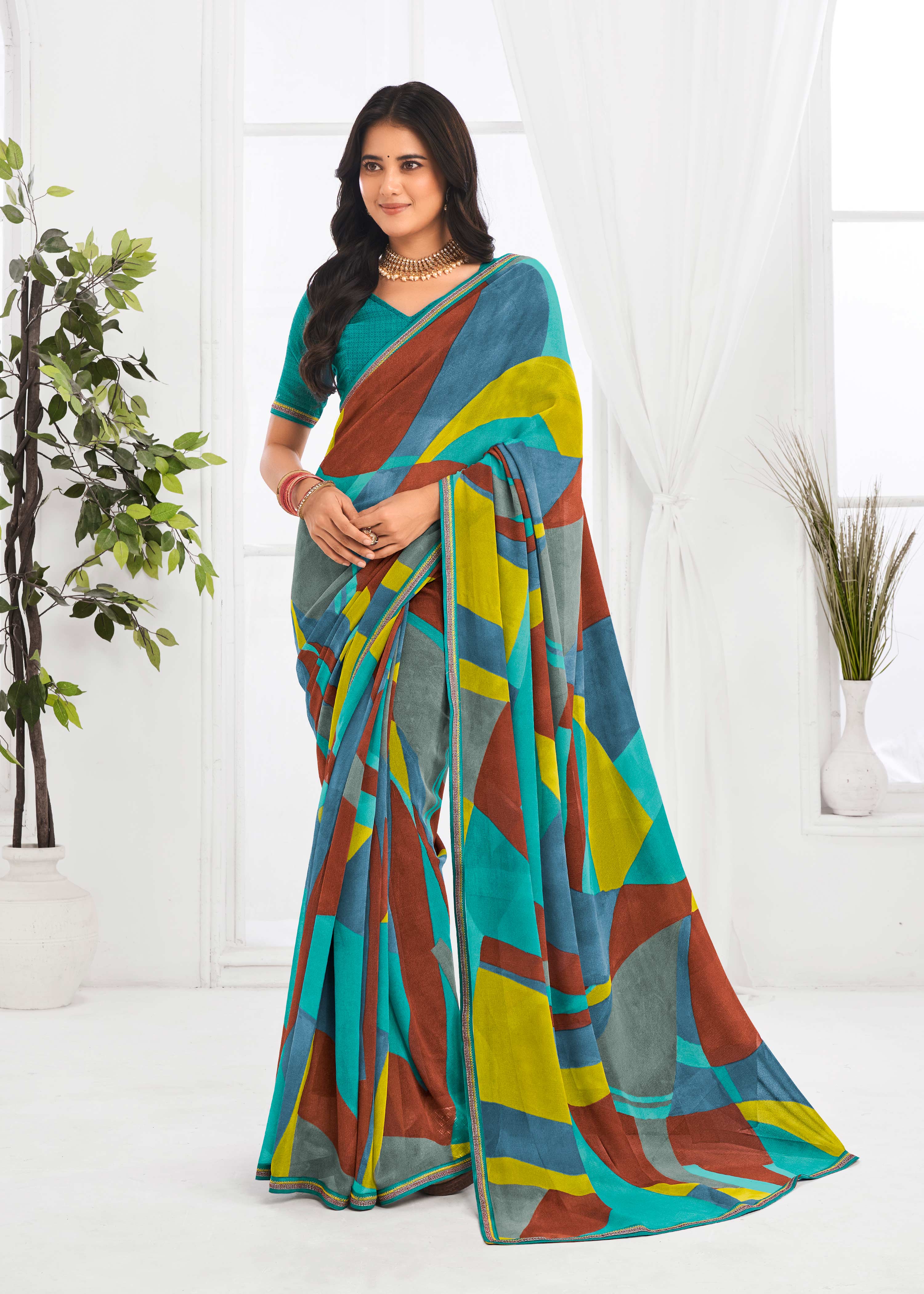 Laxmipati Jaayaphal Multicolor Abstract Georgette Printed Saree