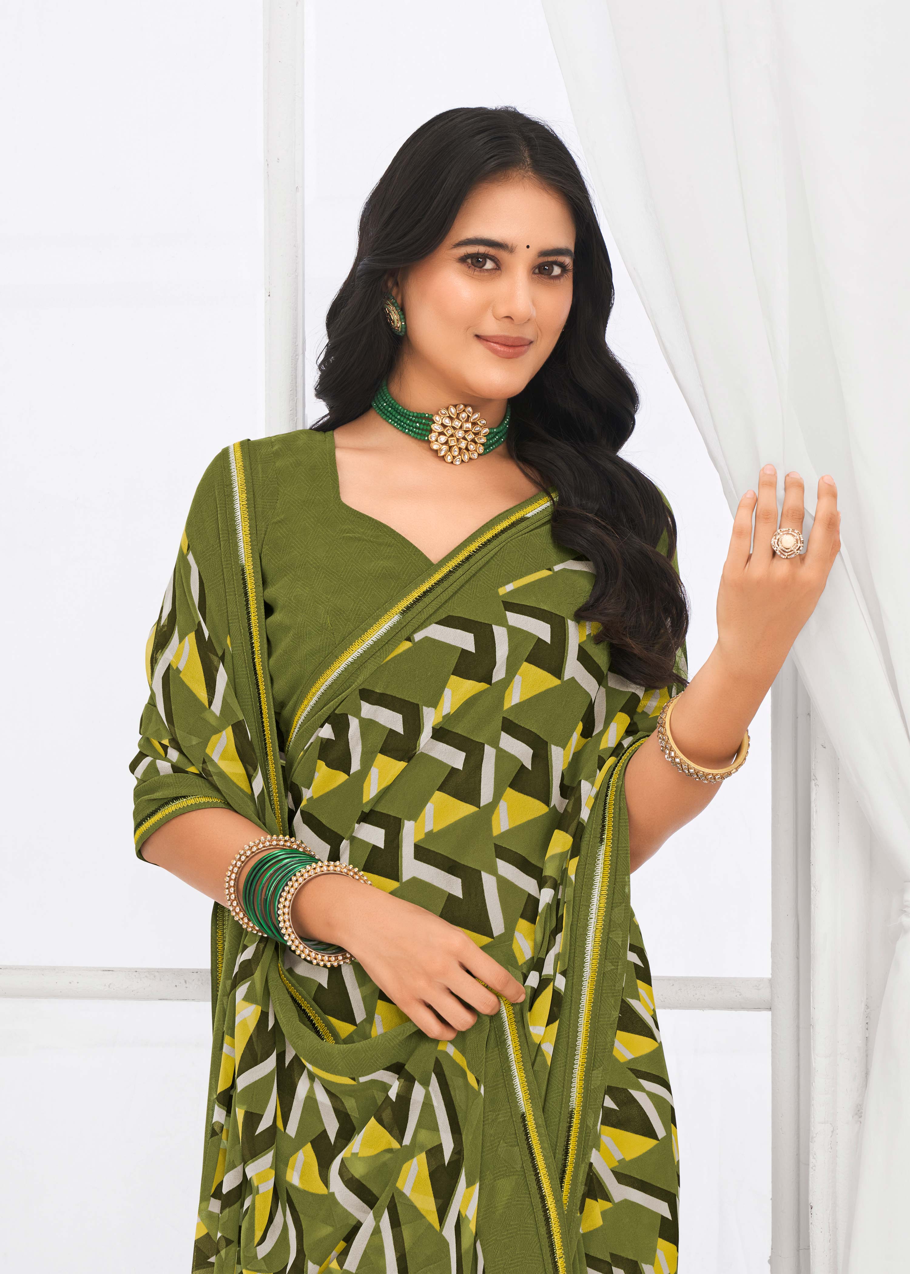 Laxmipati Jaayaphal Olive Green Geometric Georgette Printed Saree