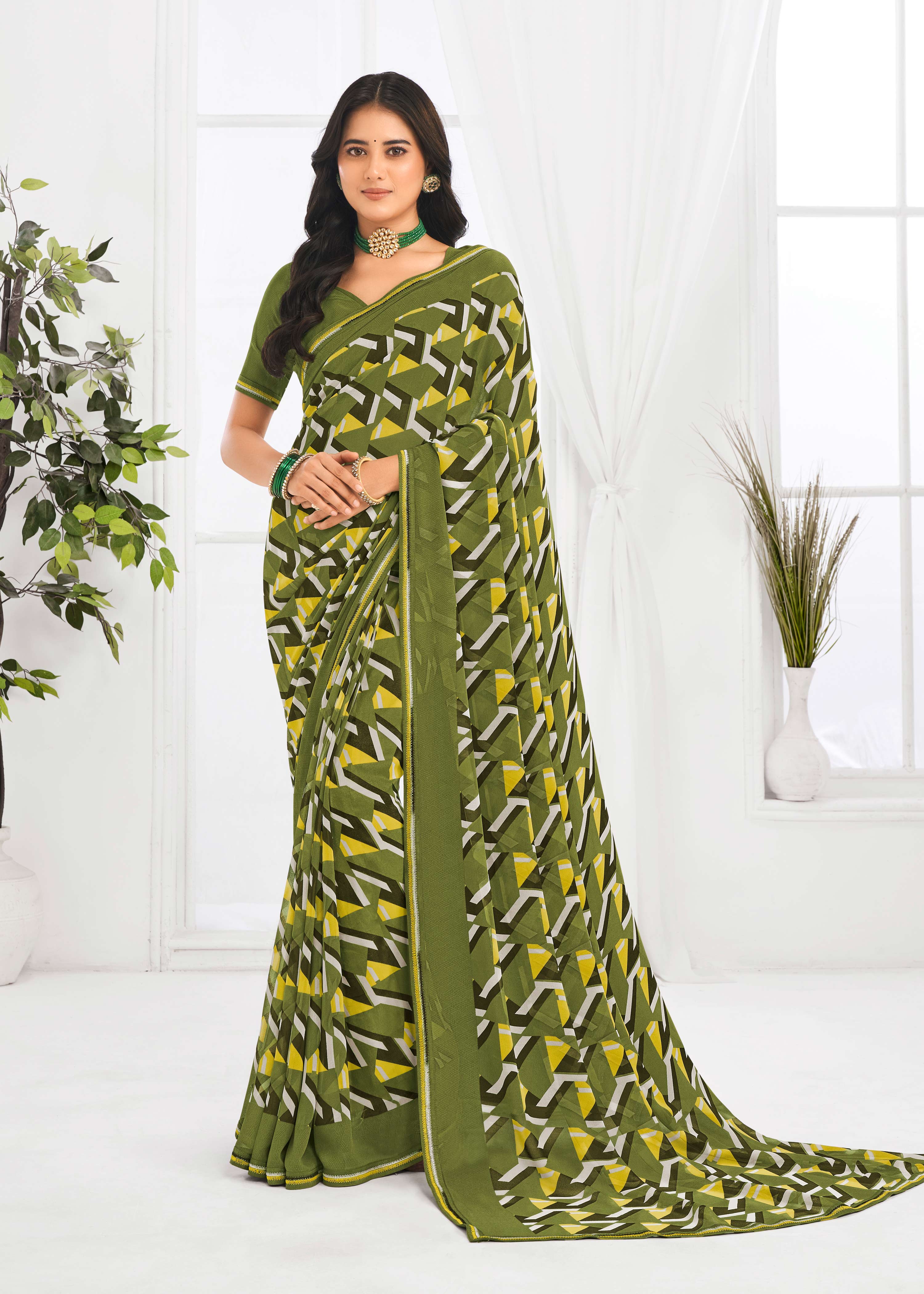 Laxmipati Jaayaphal Olive Green Geometric Georgette Printed Saree