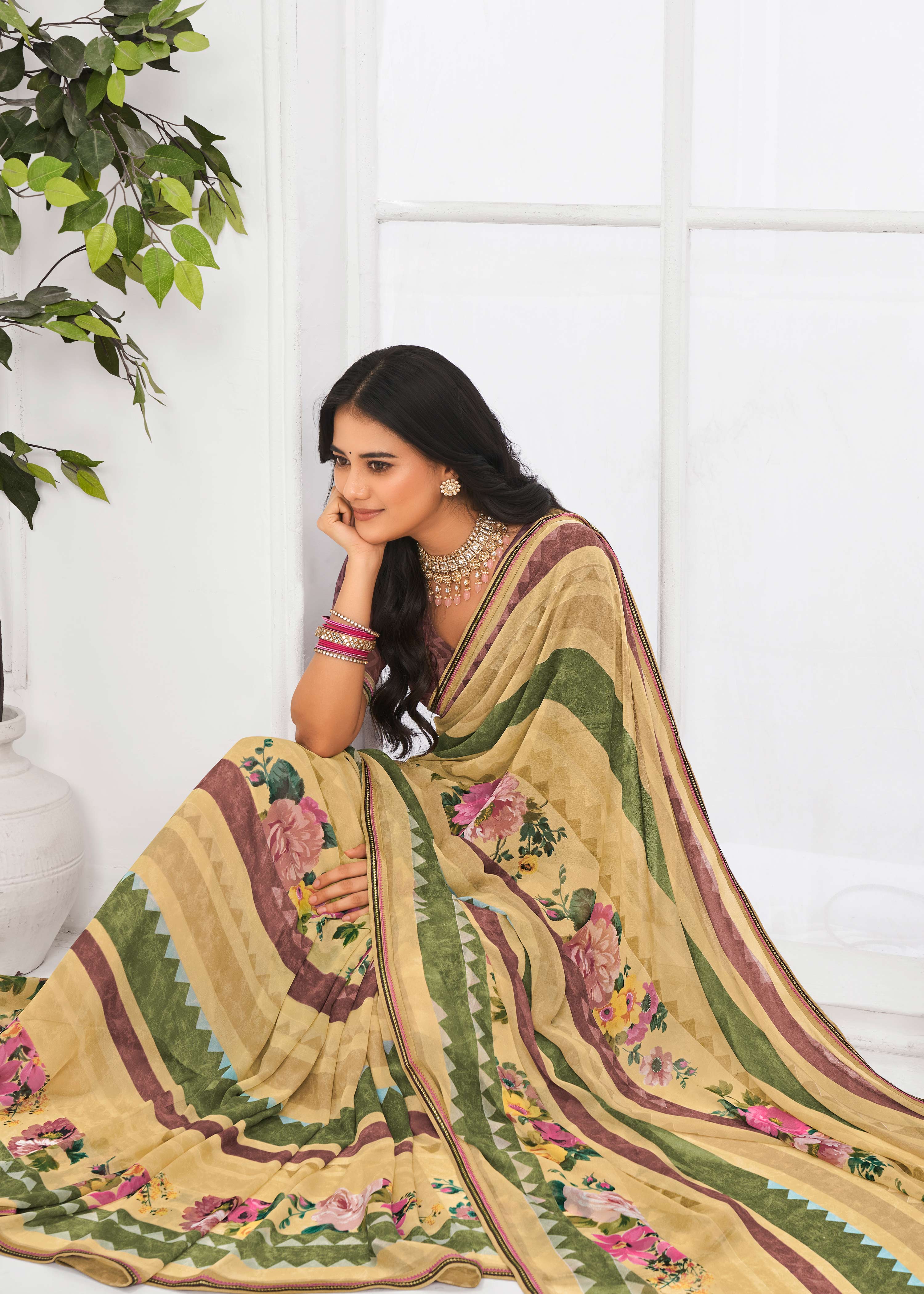 Laxmipati Jaayaphal Beige Floral Georgette Printed Saree