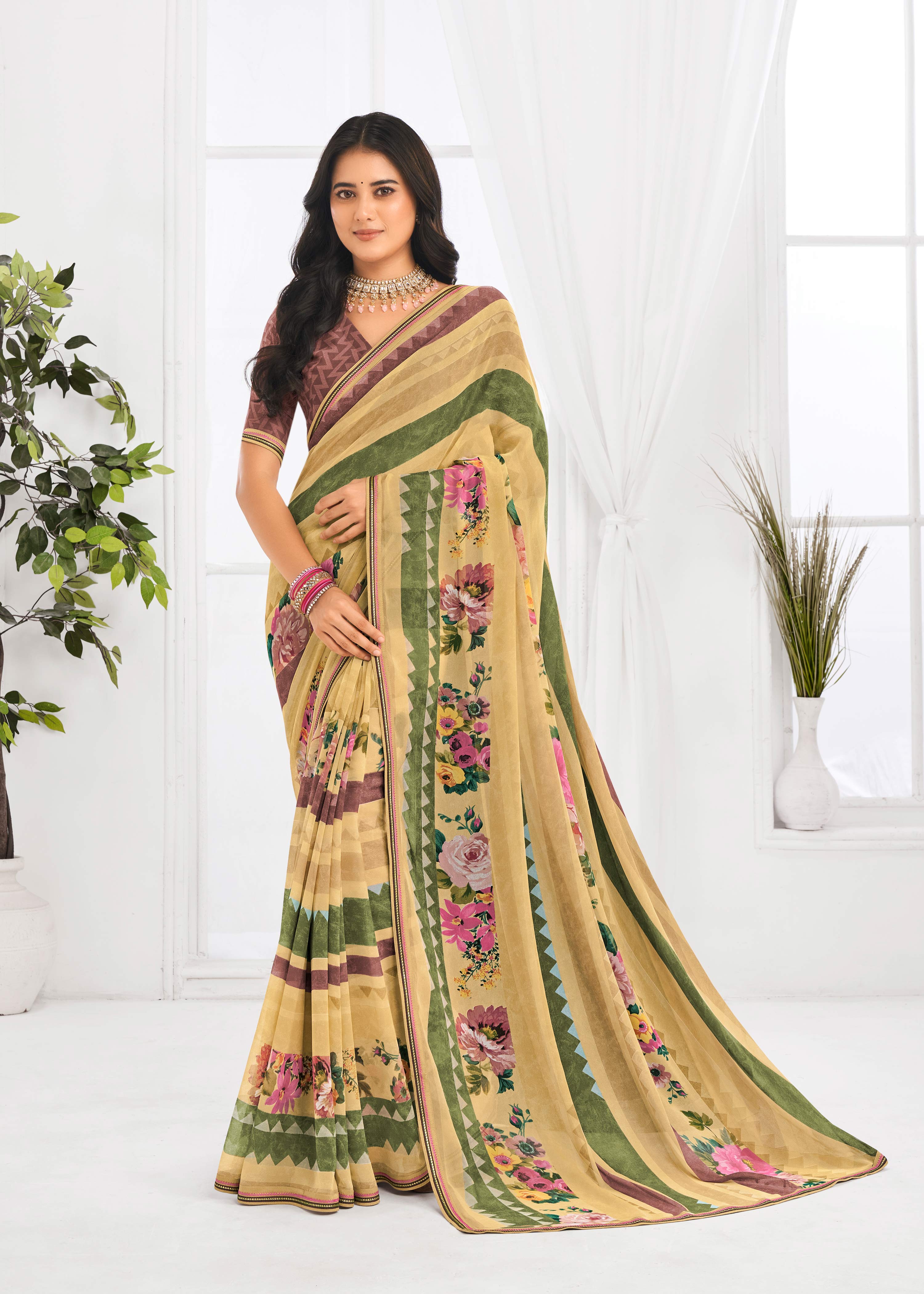 Laxmipati Jaayaphal Beige Floral Georgette Printed Saree