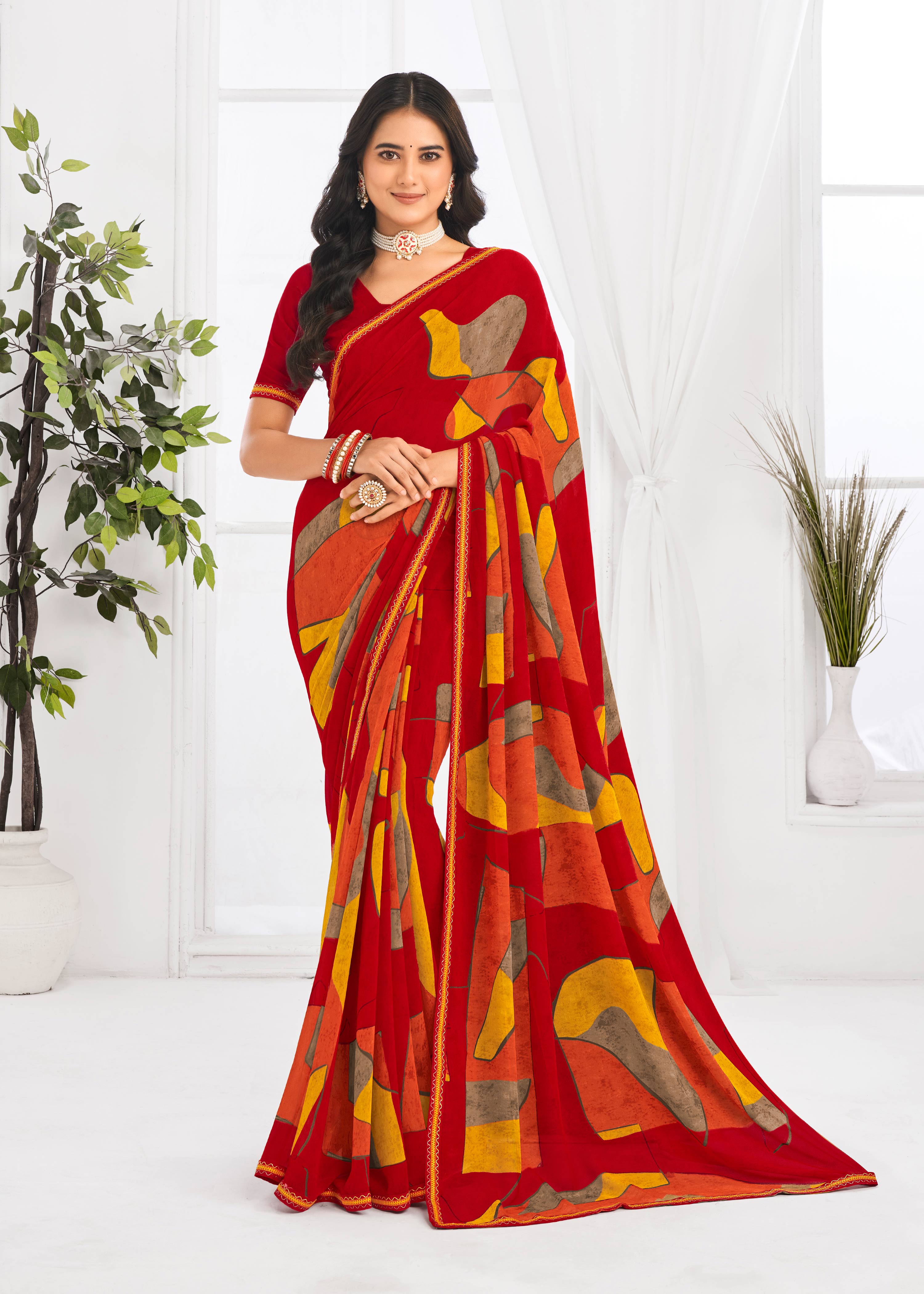 Laxmipati Jaayaphal Red Abstract Georgette Printed Saree