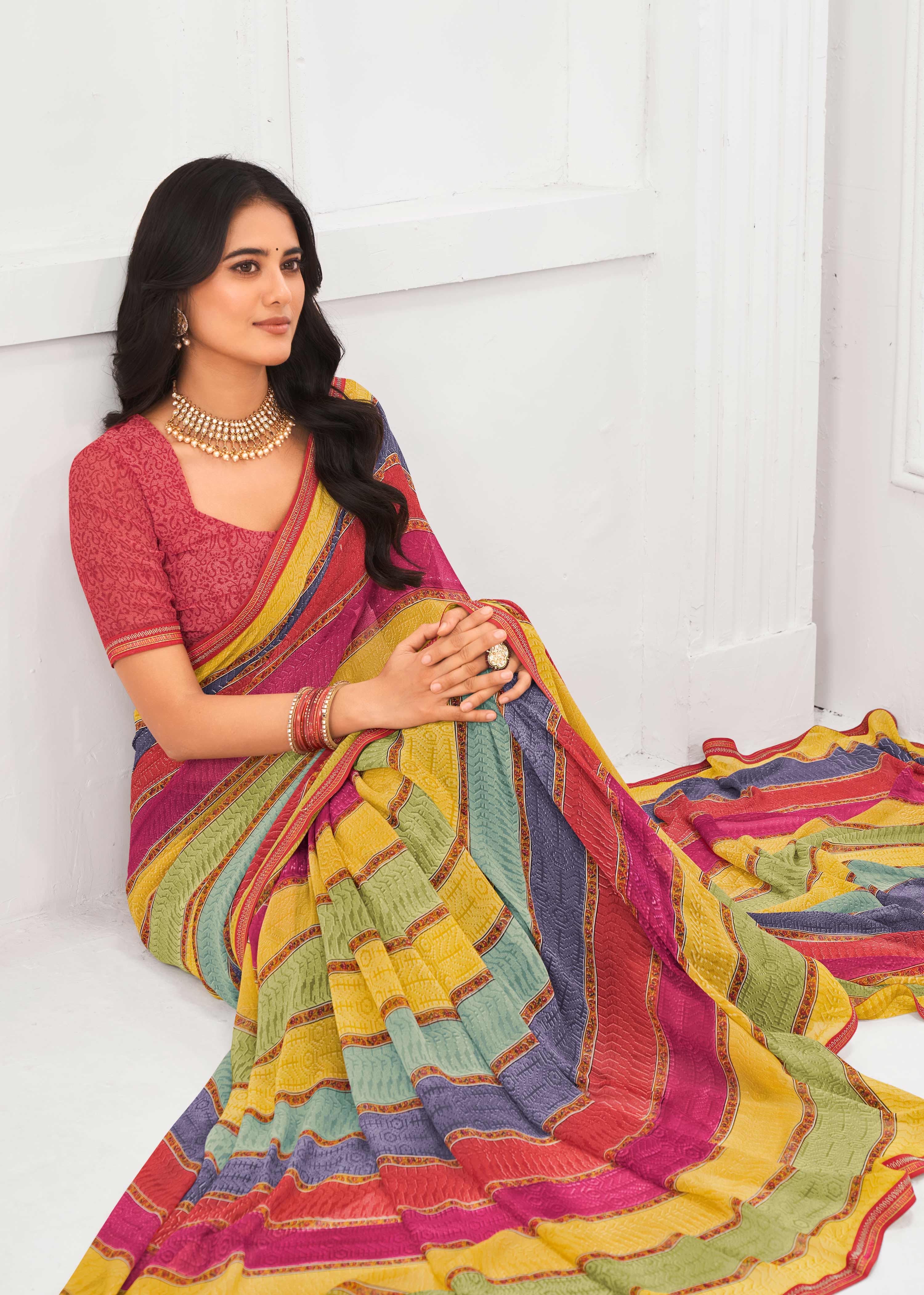 Laxmipati Jaayaphal Multicolor Striped Georgette Printed Saree