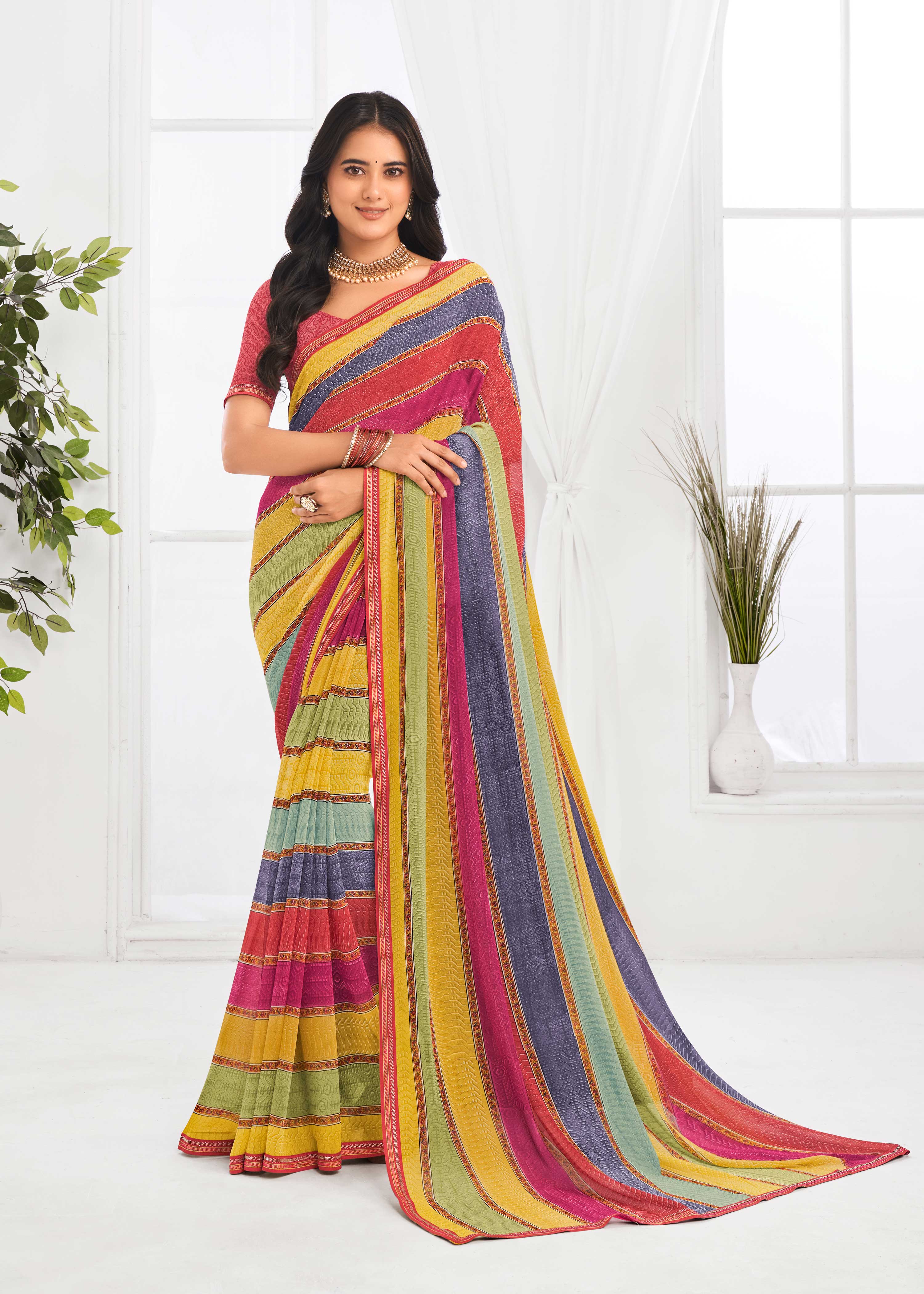 Laxmipati Jaayaphal Multicolor Striped Georgette Printed Saree