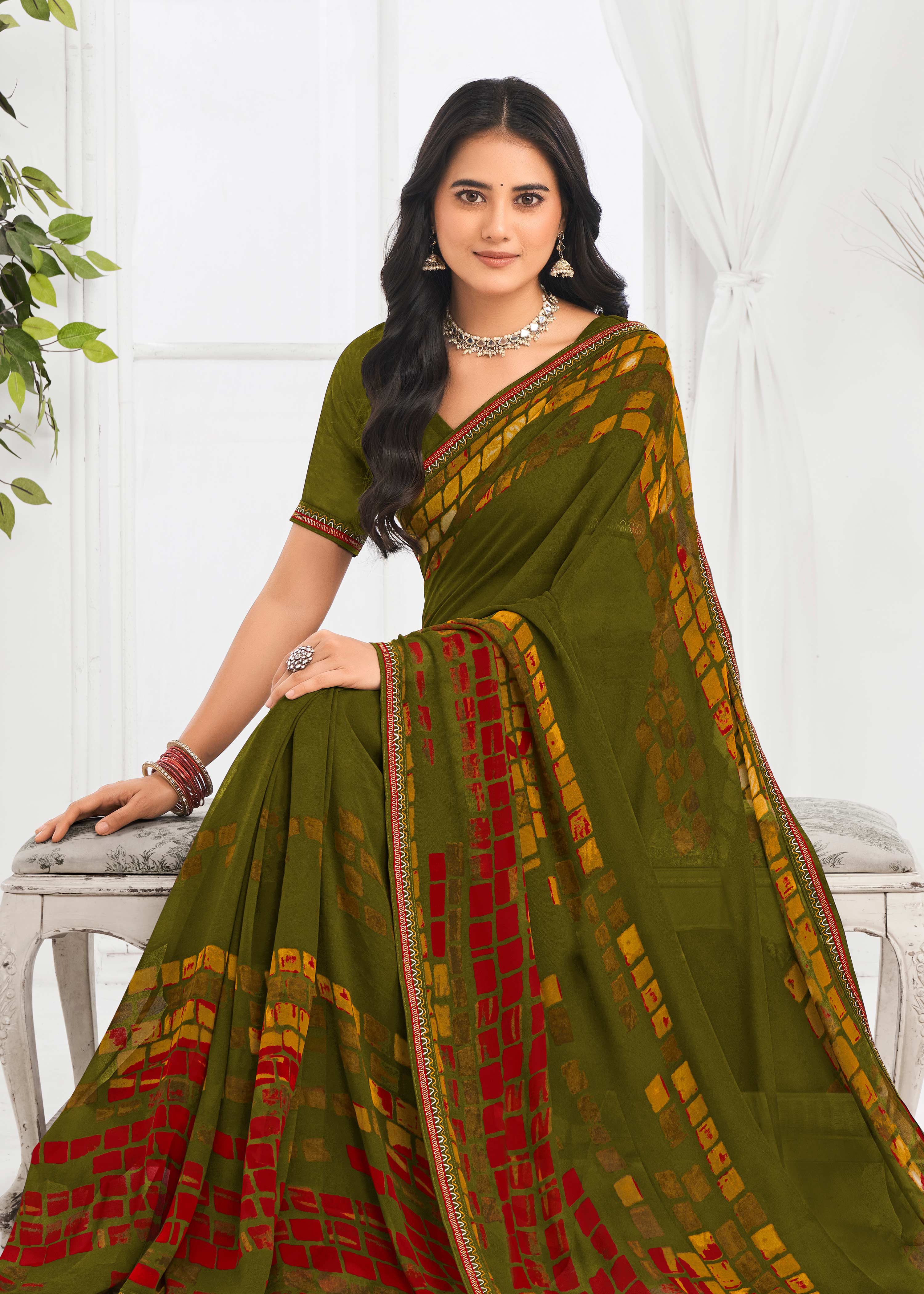 Laxmipati Jaayaphal Green Geometric Georgette Printed Saree