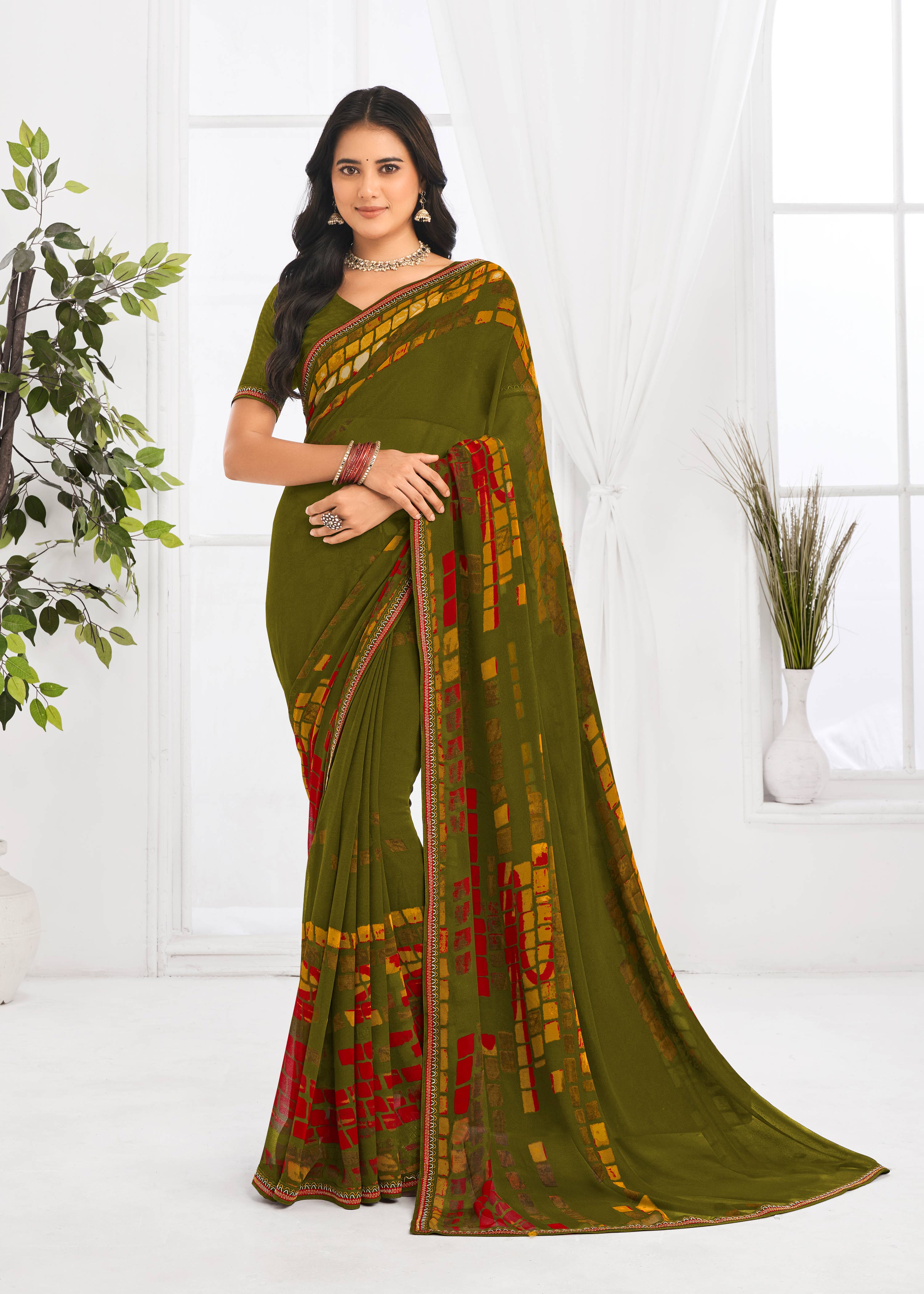 Laxmipati Jaayaphal Green Geometric Georgette Printed Saree