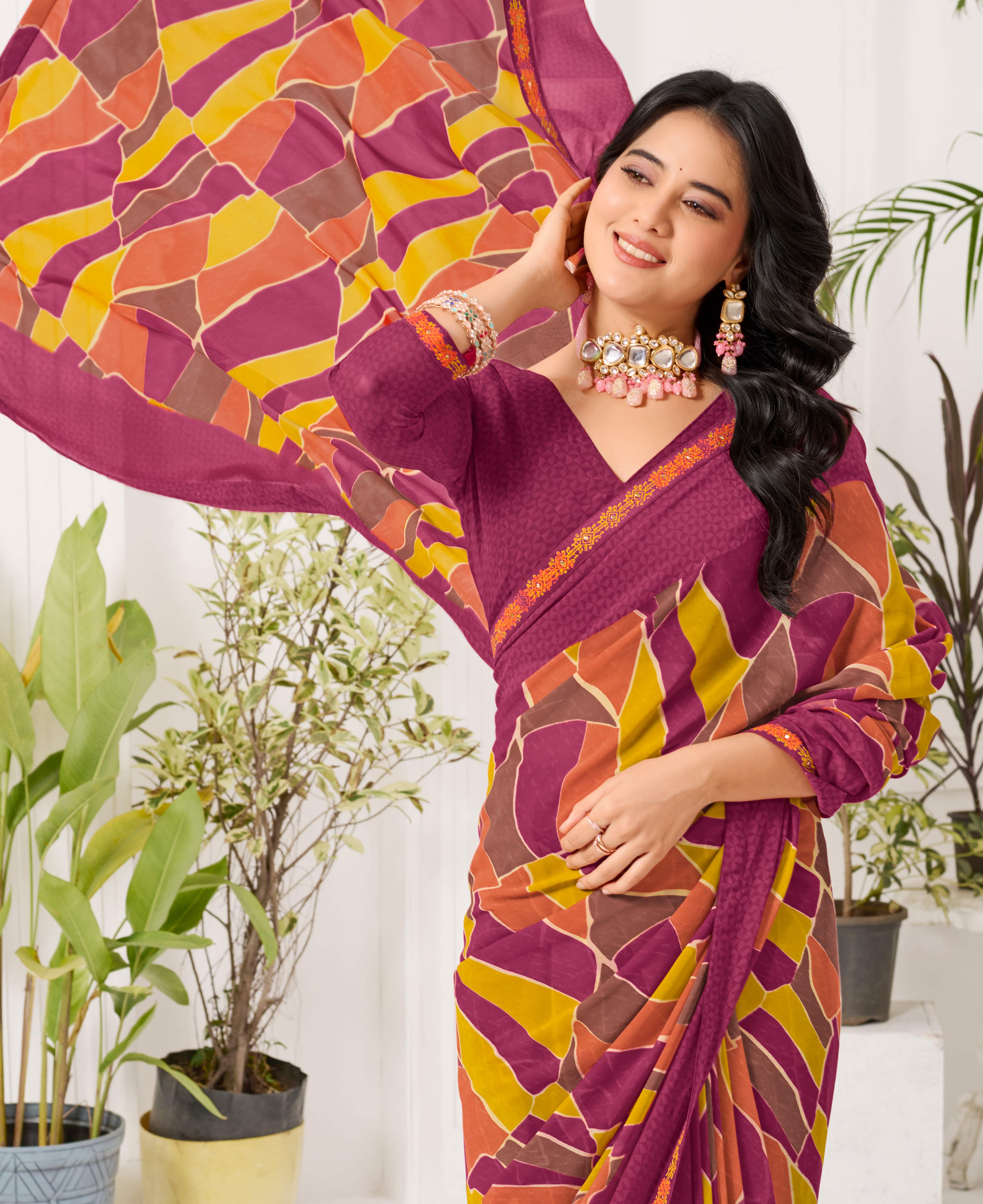 Laxmipati Radha Rani Geometric Georgette Printed saree in Purple Color