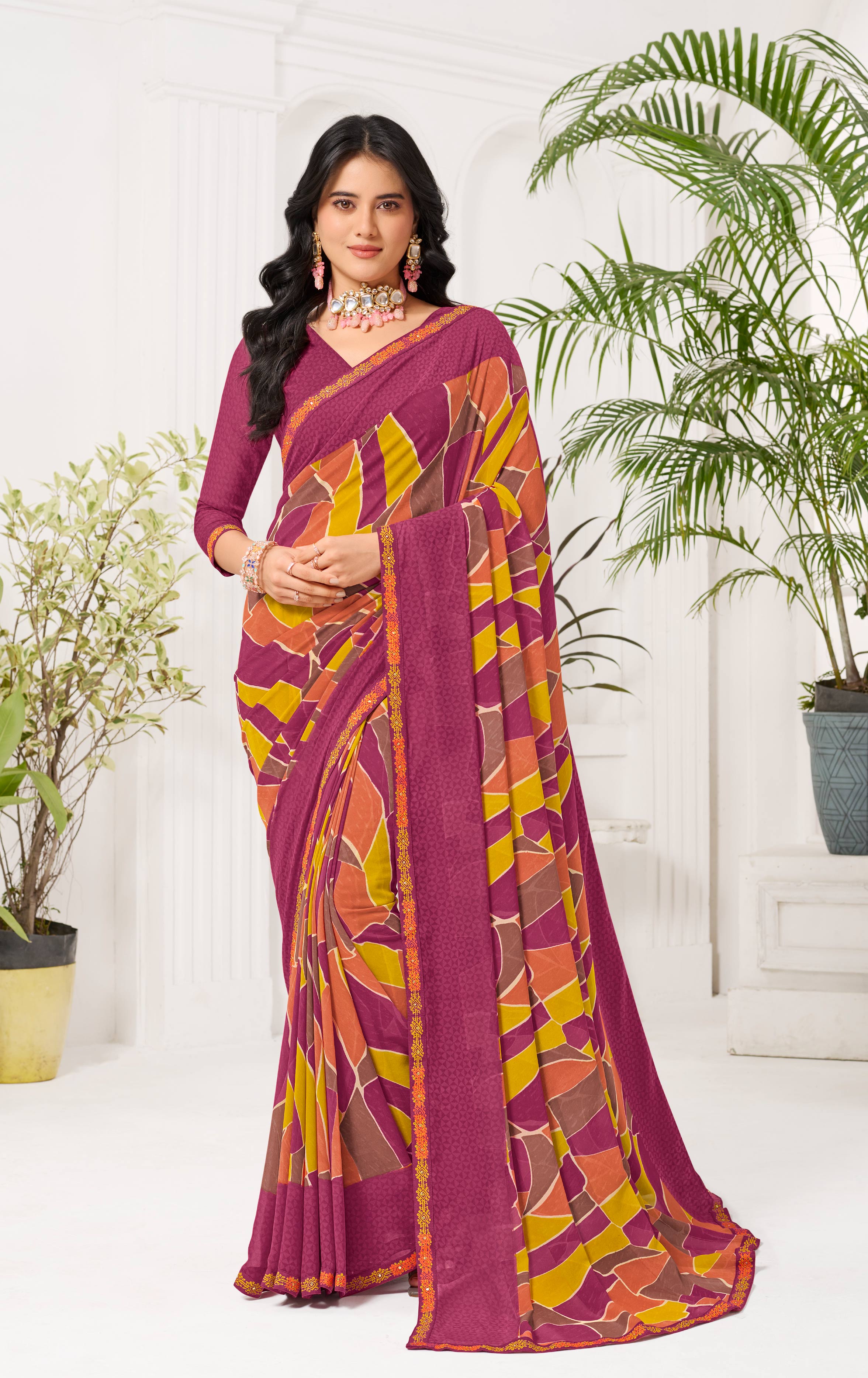 Laxmipati Radha Rani Geometric Georgette Printed saree in Purple Color