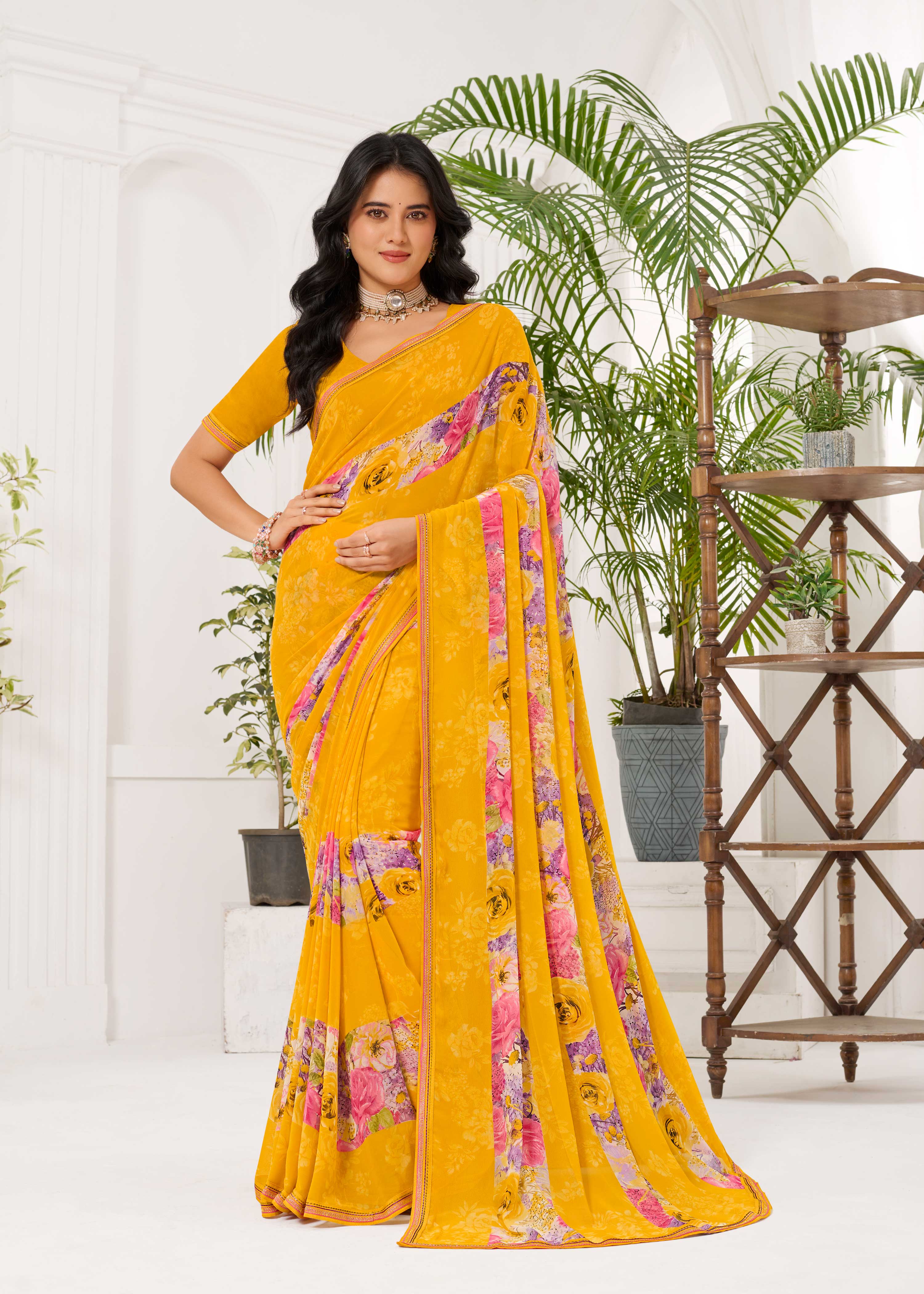 Laxmipati Radha Rani Floral Georgette Printed Saree in Mustard Color