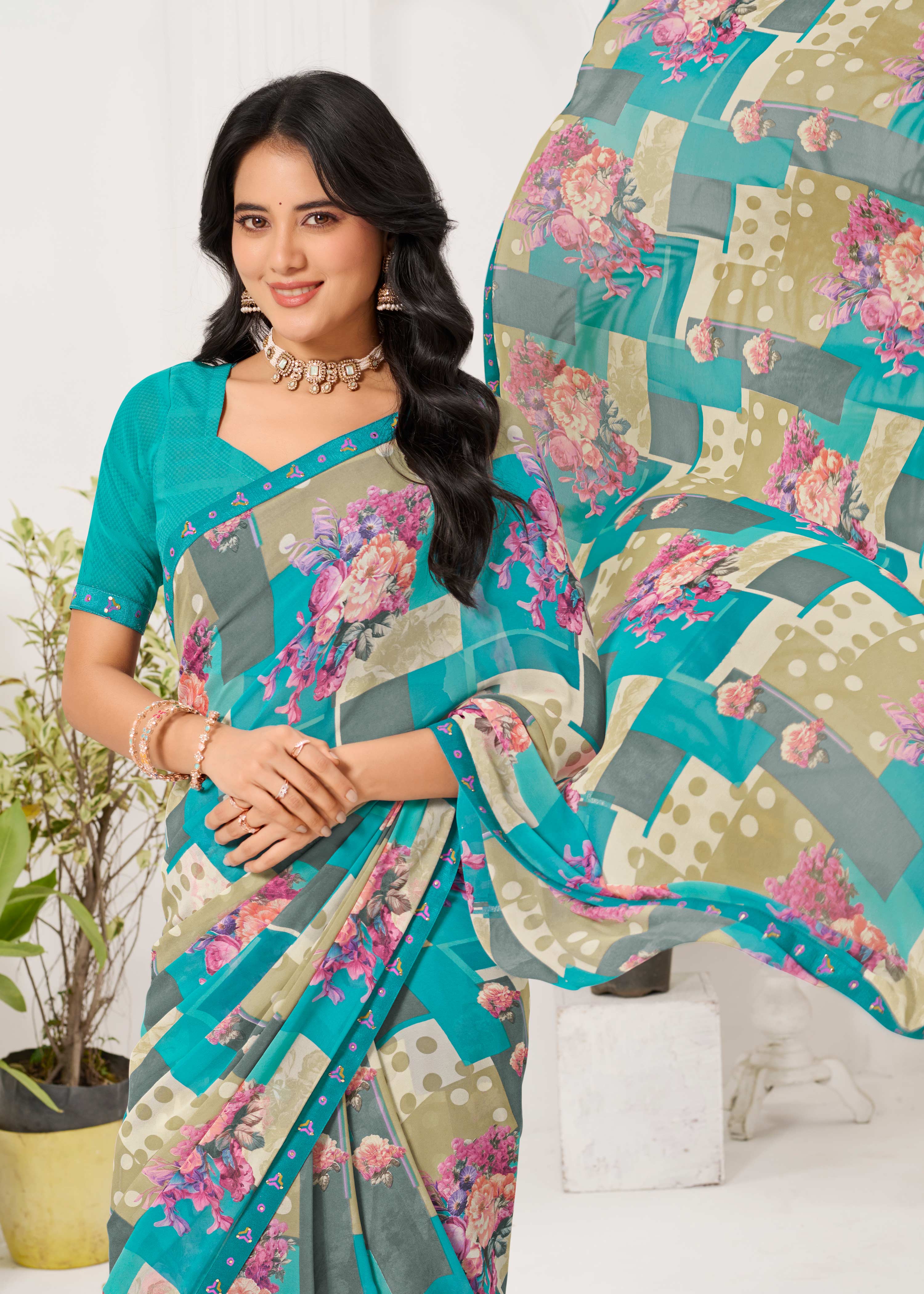 Laxmipati Radha Rani Floral Georgette Printed Saree in Blue Color