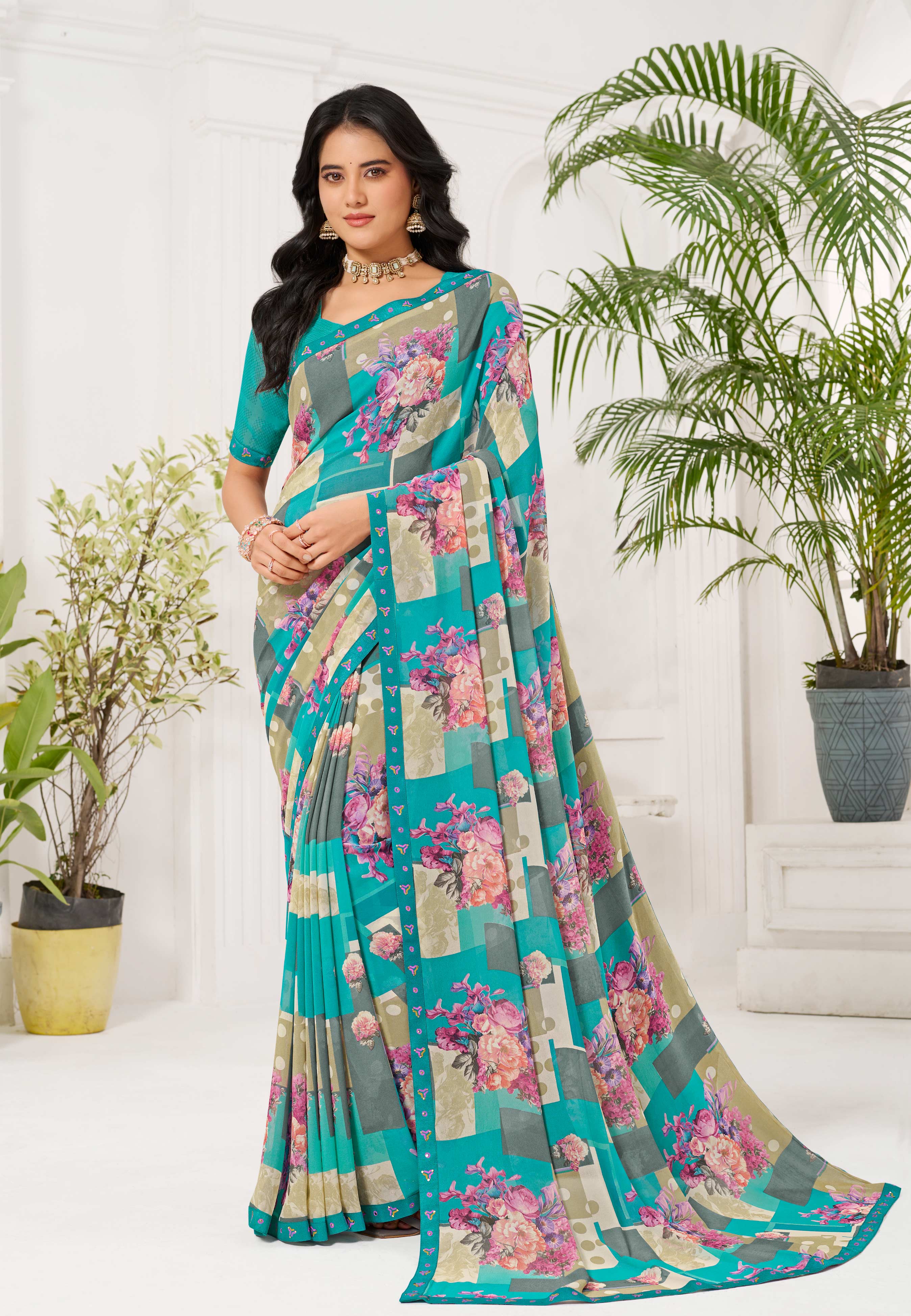 Laxmipati Radha Rani Floral Georgette Printed Saree in Blue Color