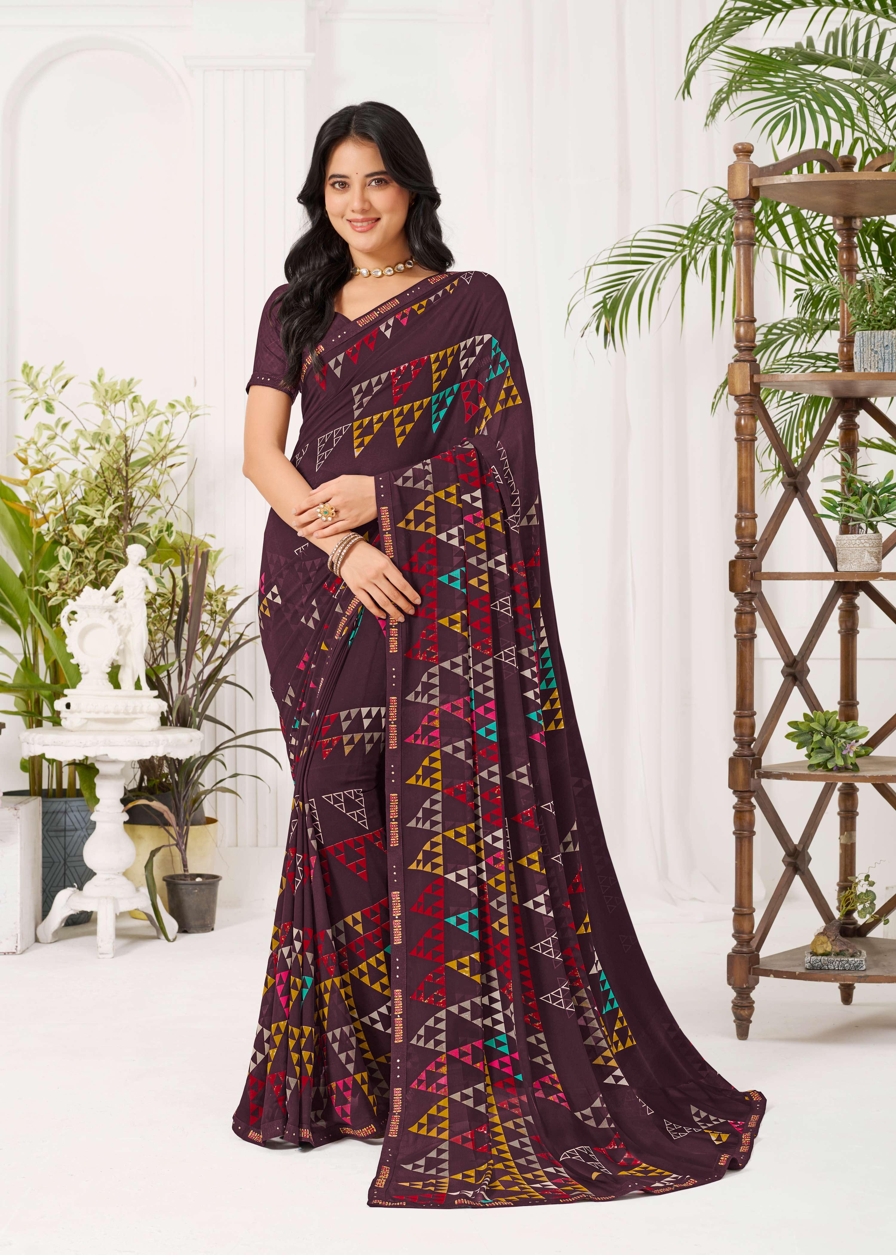 Laxmipati Radha Rani Geometric Georgette Printed Saree in Wine Color