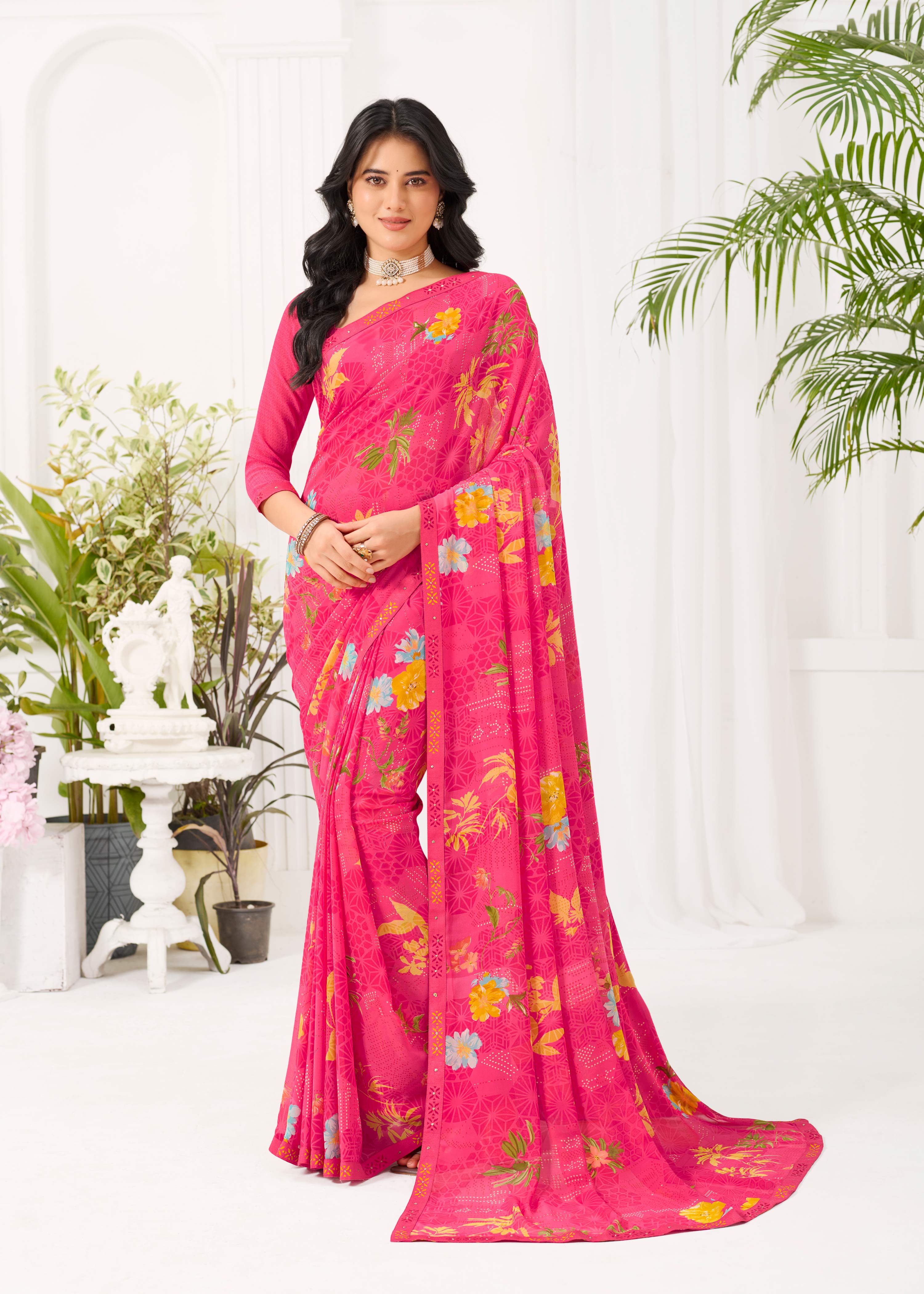 Laxmipati Radha Rani Floral Georgette Printed Saree in Pink Color