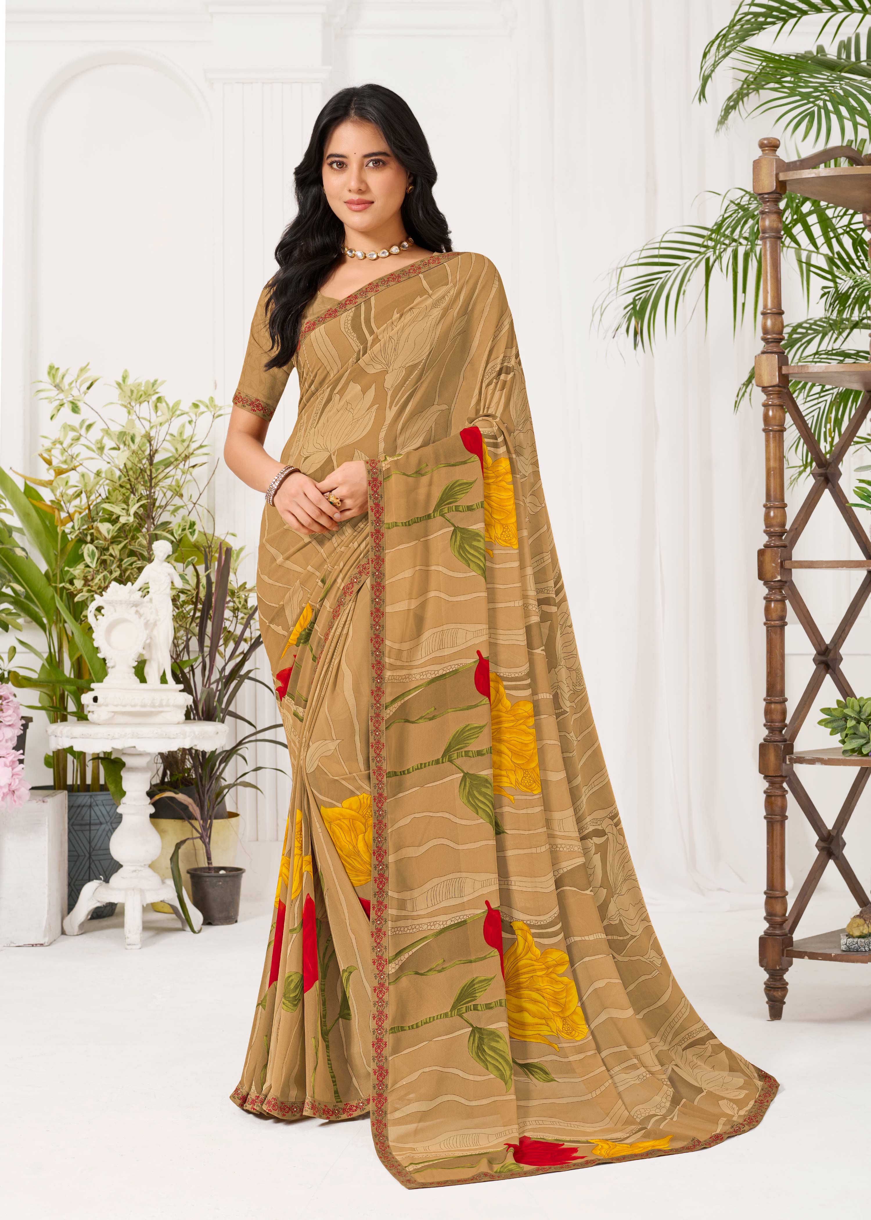 Laxmipati Radha Rani Floral Georgette Printed Saree in Brown Color