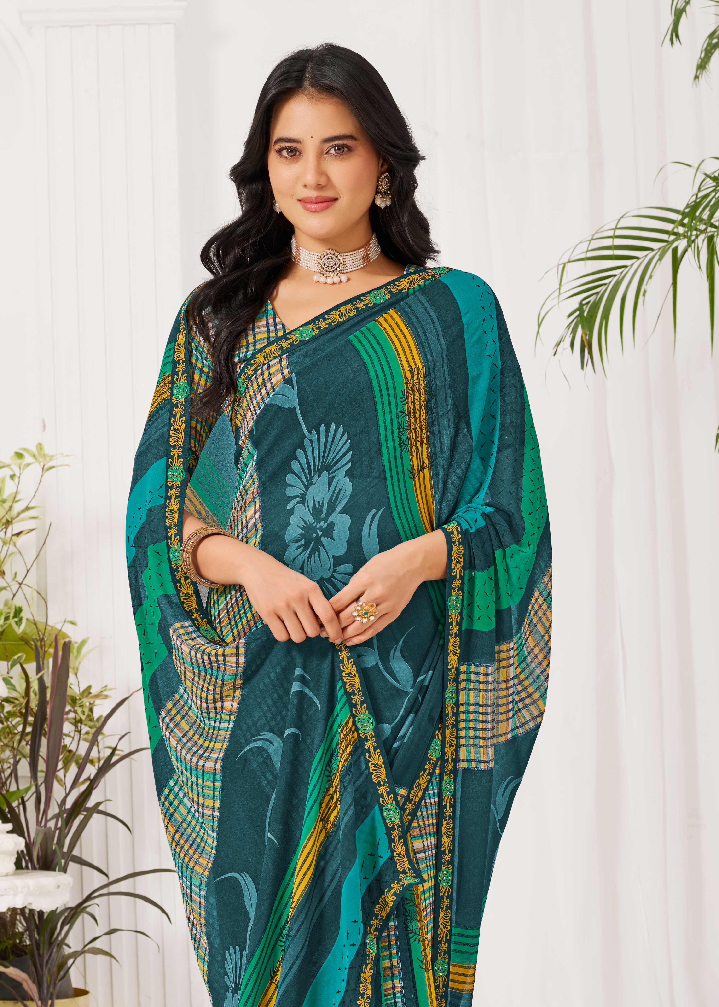 Laxmipati Radha Rani Floral Georgette Printed Saree in Teal Blue Color