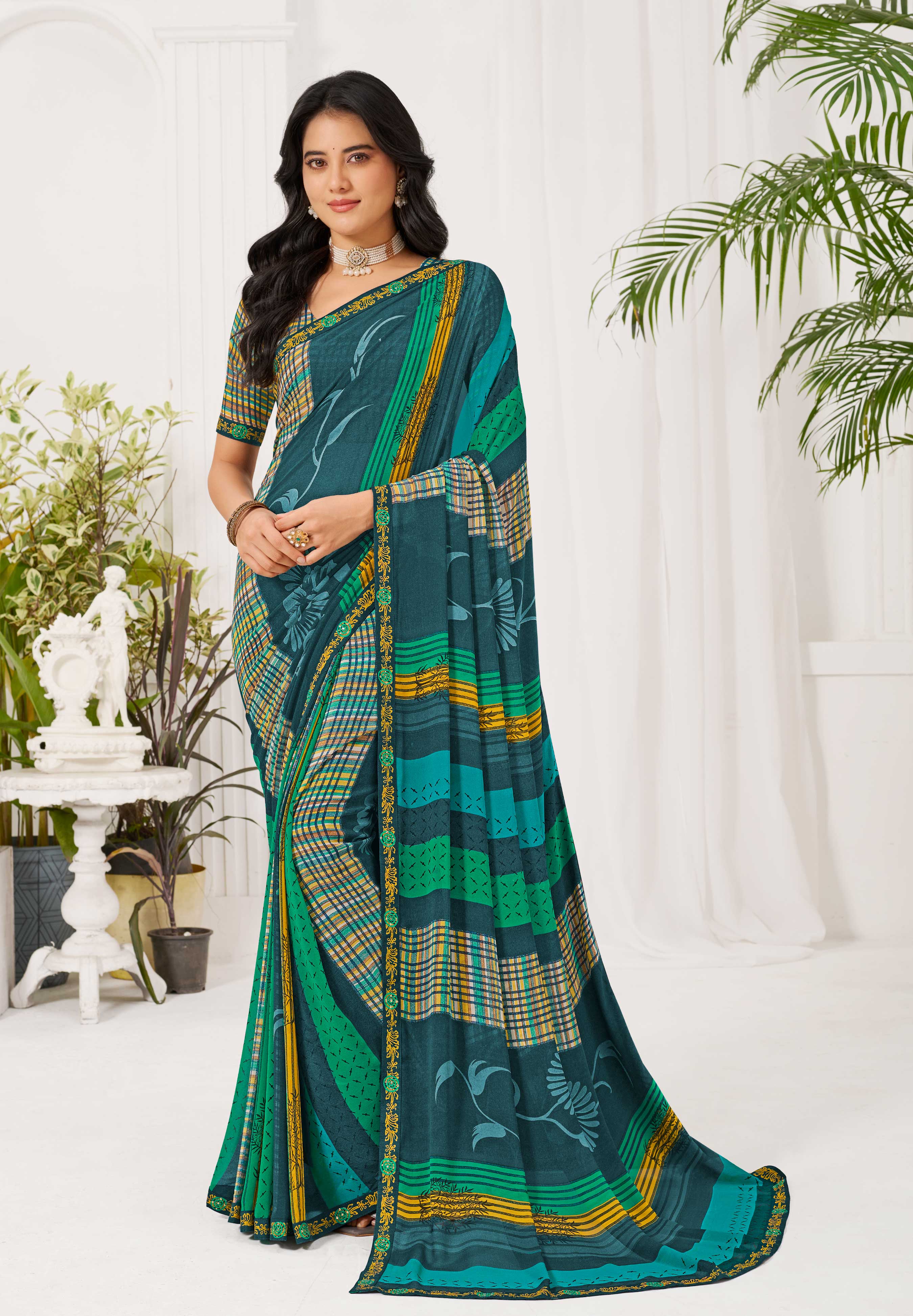 Laxmipati Radha Rani Floral Georgette Printed Saree in Teal Blue Color