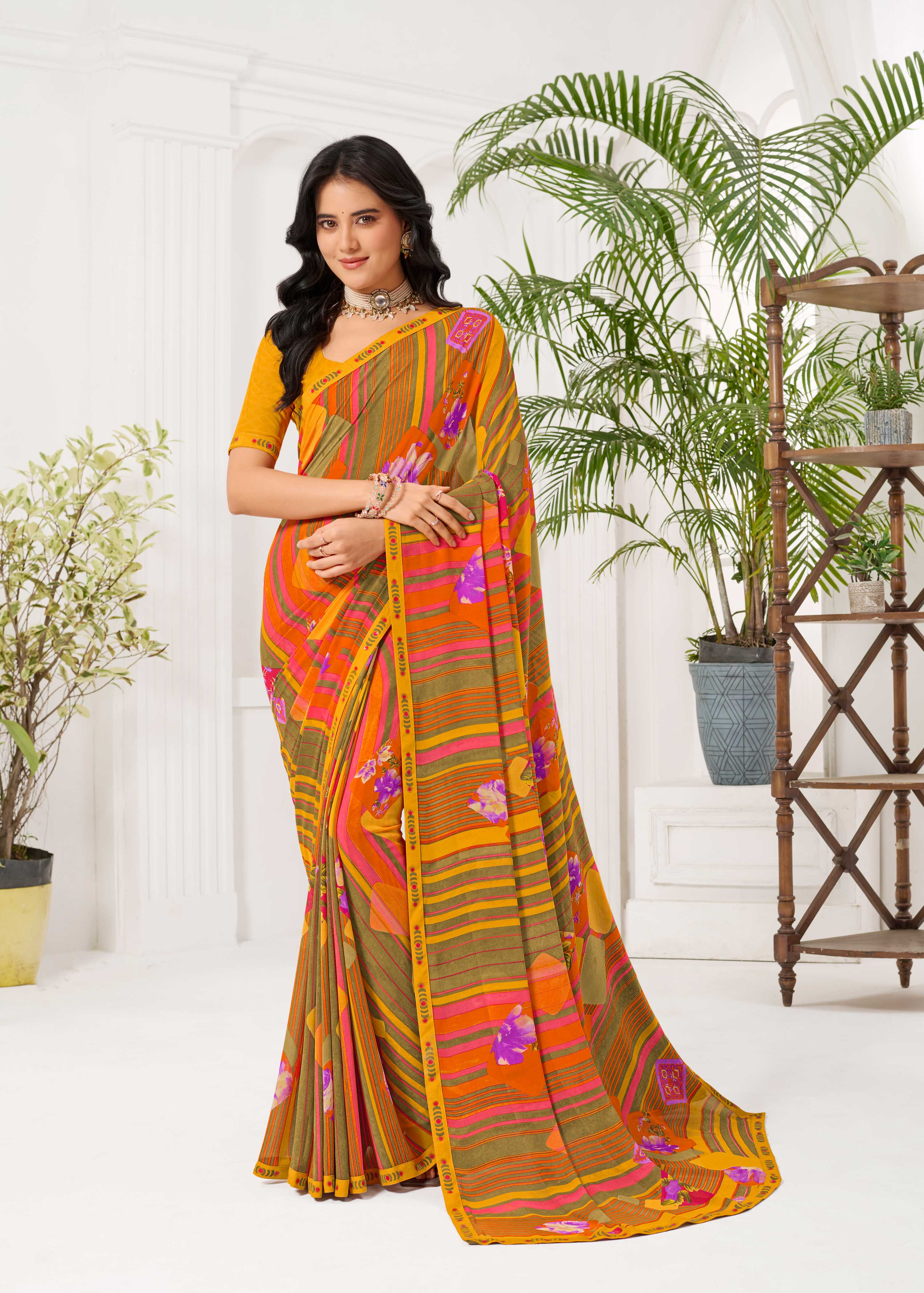 Laxmipati Radha Rani Floral Georgette Printed Saree in Mustard Color