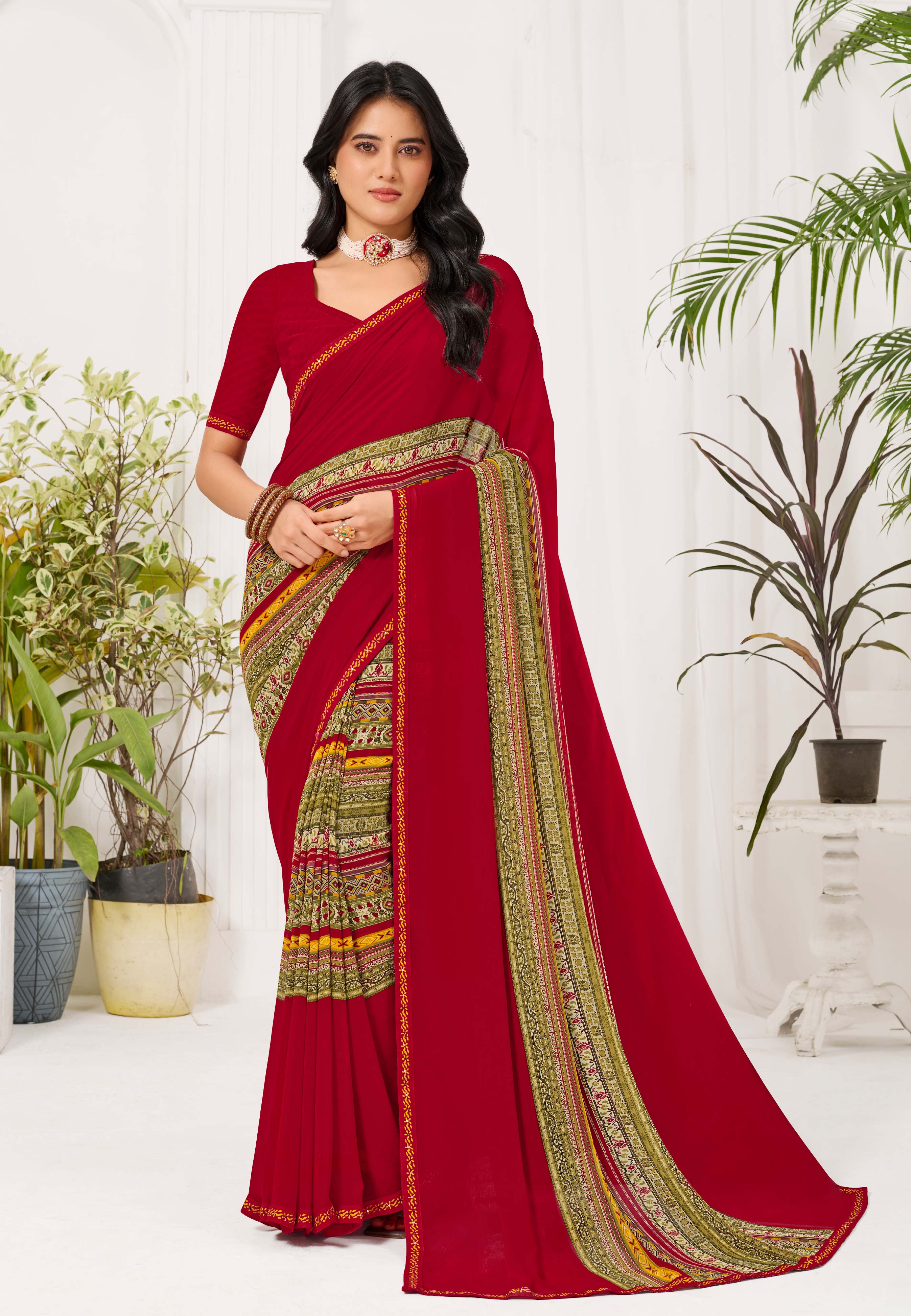 Laxmipati Radha Rani Geometric Georgette Printed Saree in Red Color
