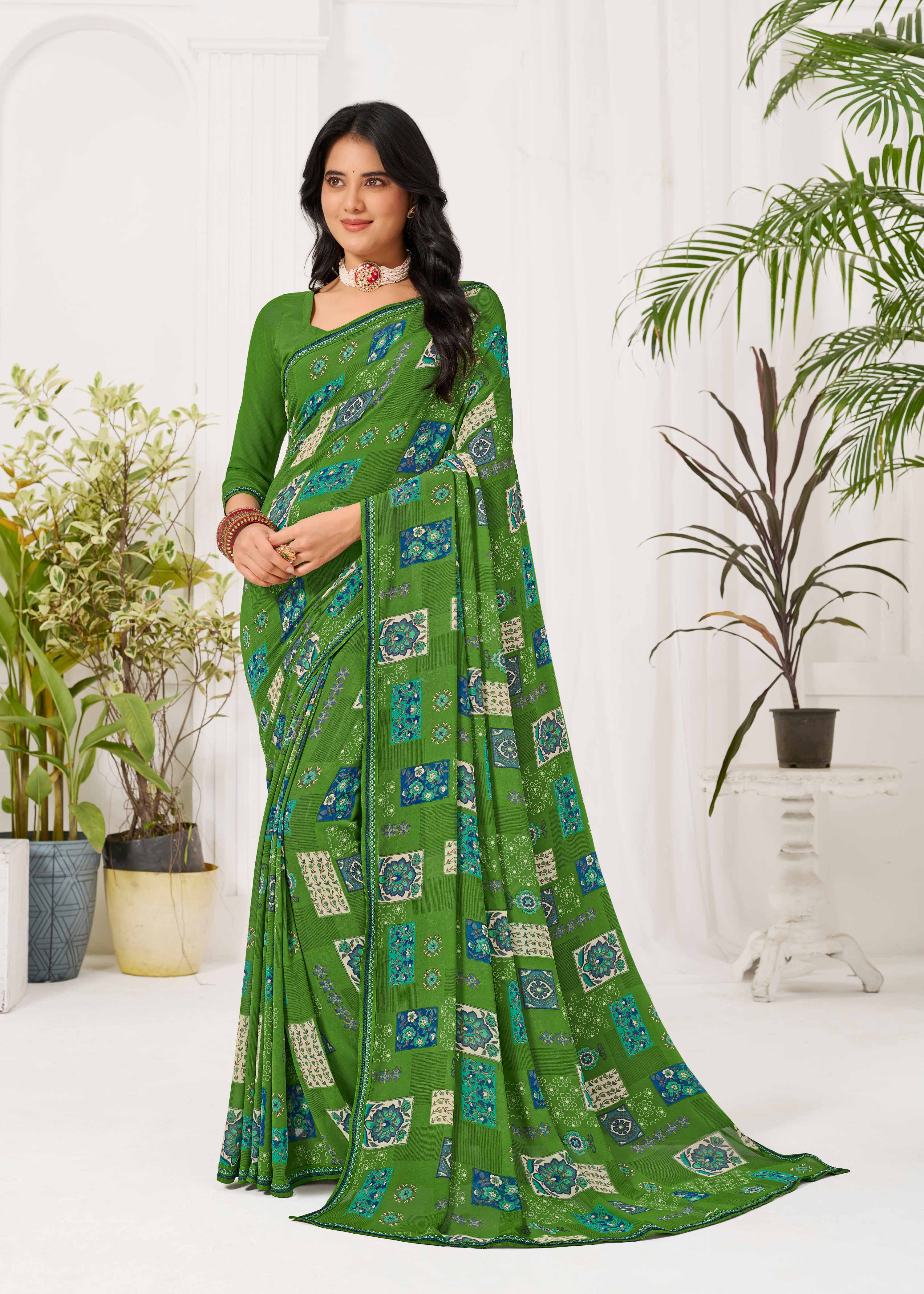 Laxmipati Radha Rani Floral Georgette Printed Saree in Green Color