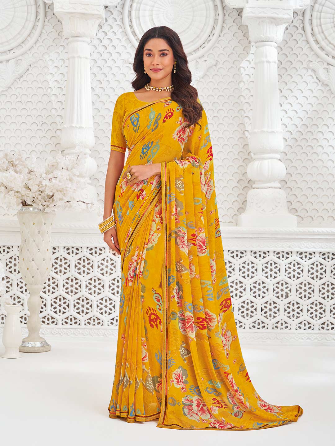 Mustard georgette floral printed saree