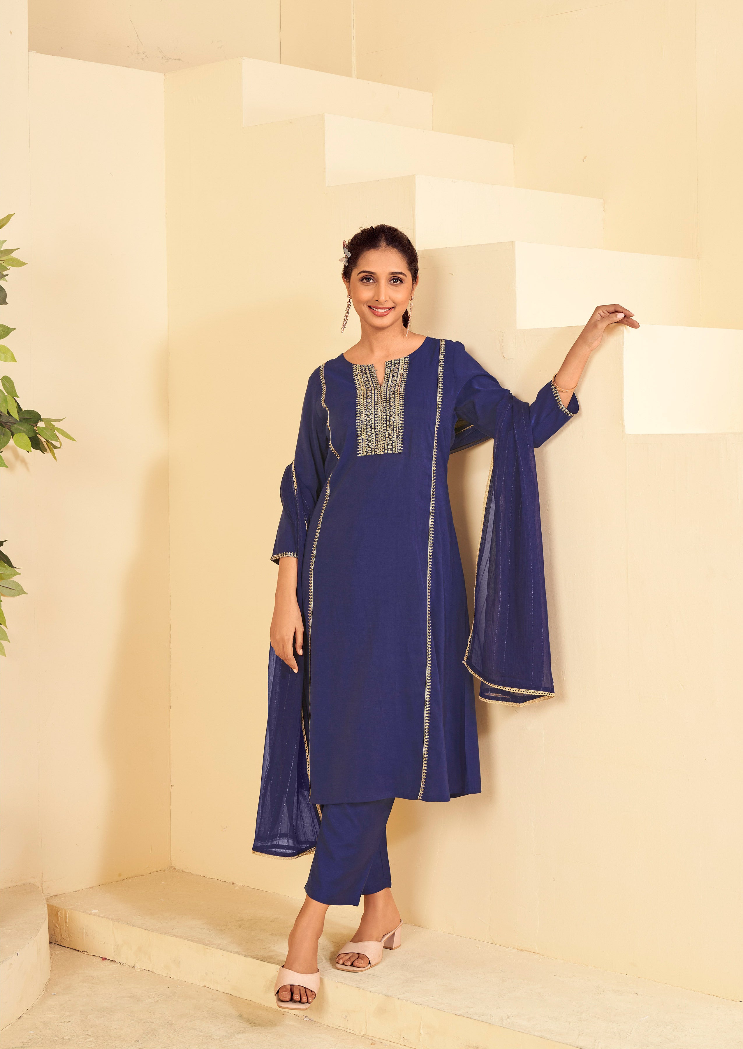 Laxmipati Tara Sequin Work Straight Kurta Set with Trousers & Dupatta in Blue Color