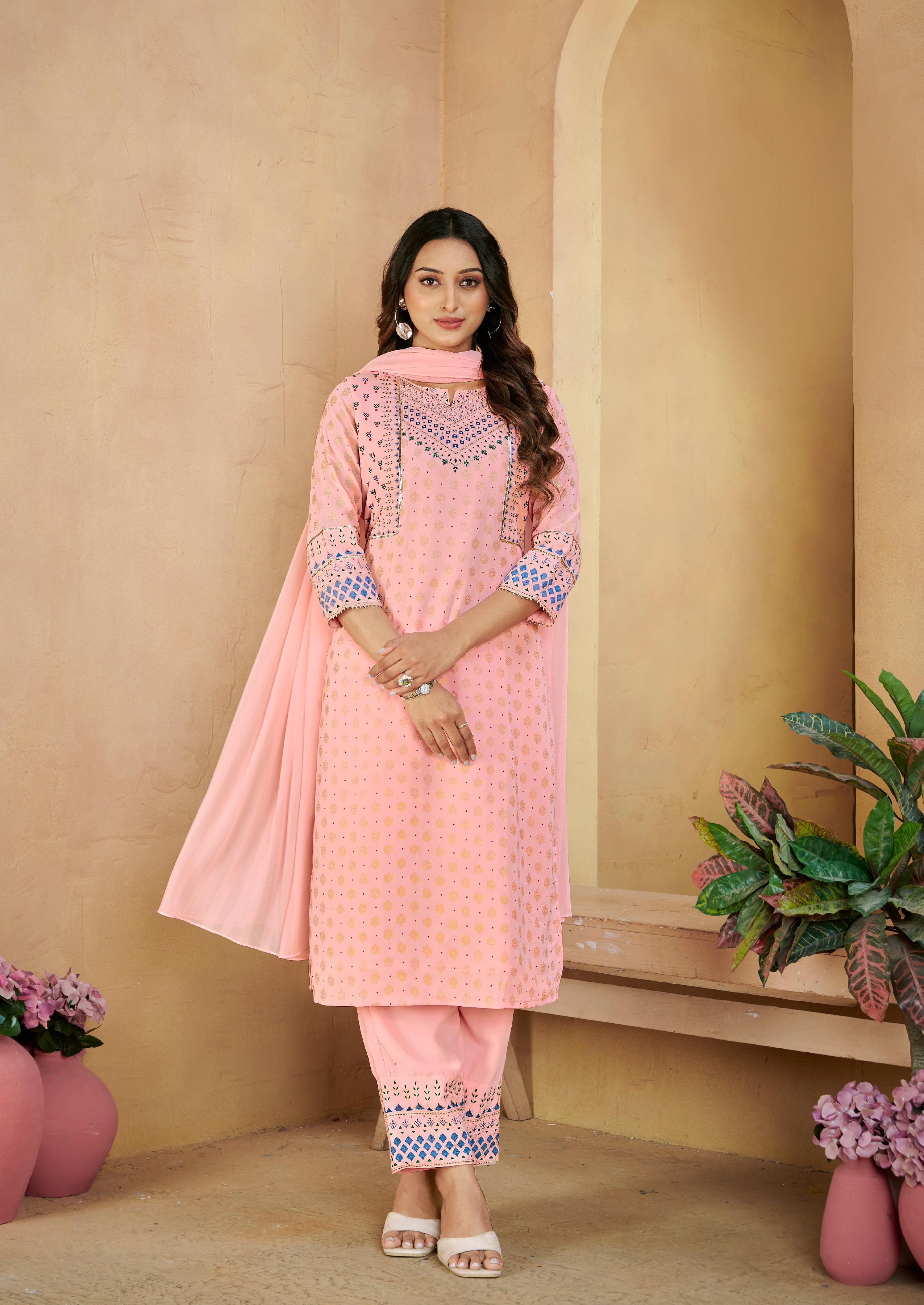 Laxmipati Gulabo Foil-Printed Straight Kurta Set with Trousers & Dupatta in Pink Color