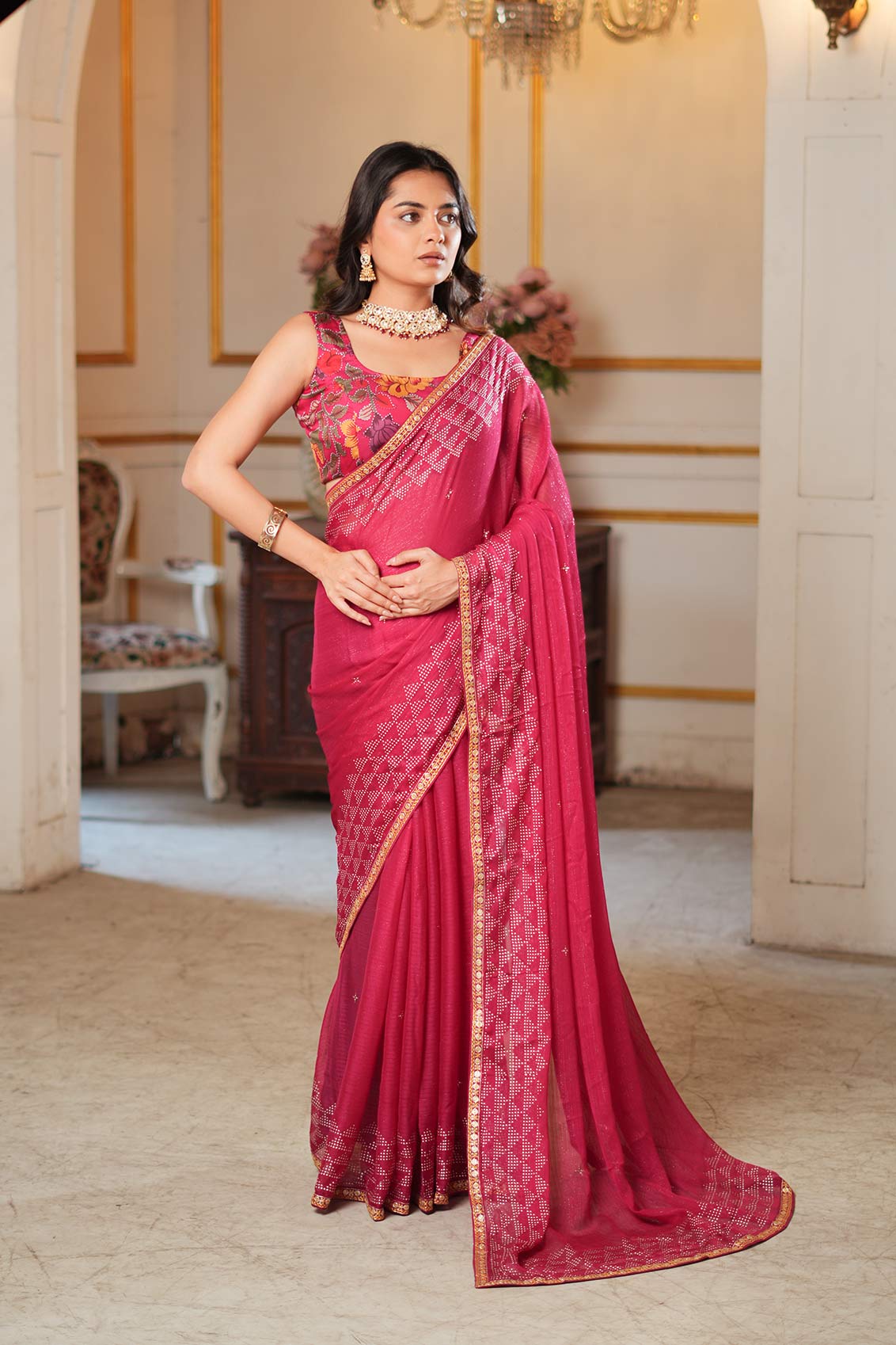 Laxmipati Anaya Wine Geometric Foil Work Chiffon Saree