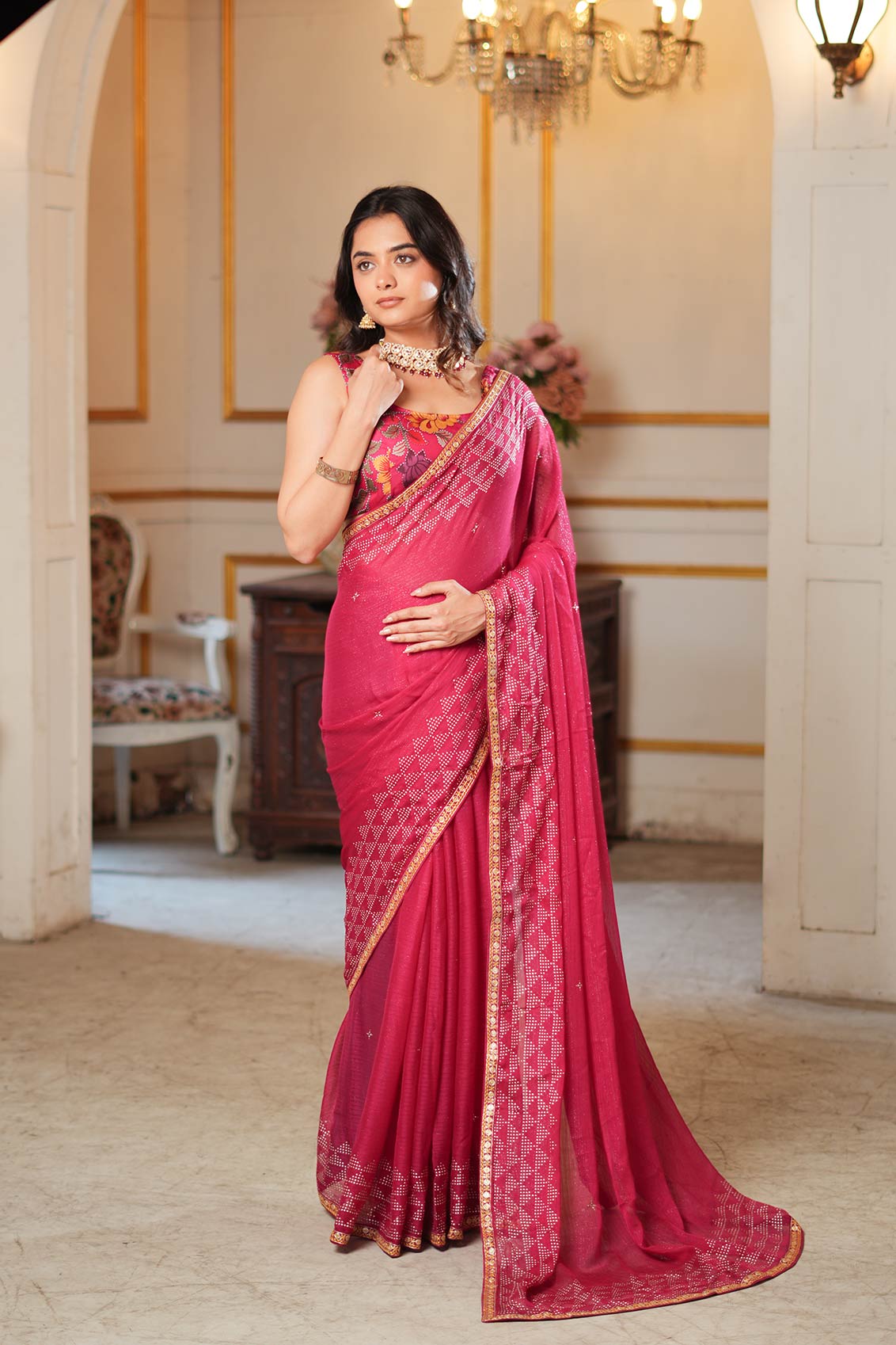 Laxmipati Anaya Wine Geometric Foil Work Chiffon Saree