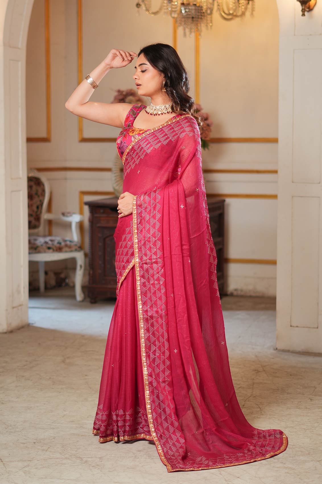 Laxmipati Anaya Wine Geometric Foil Work Chiffon Saree