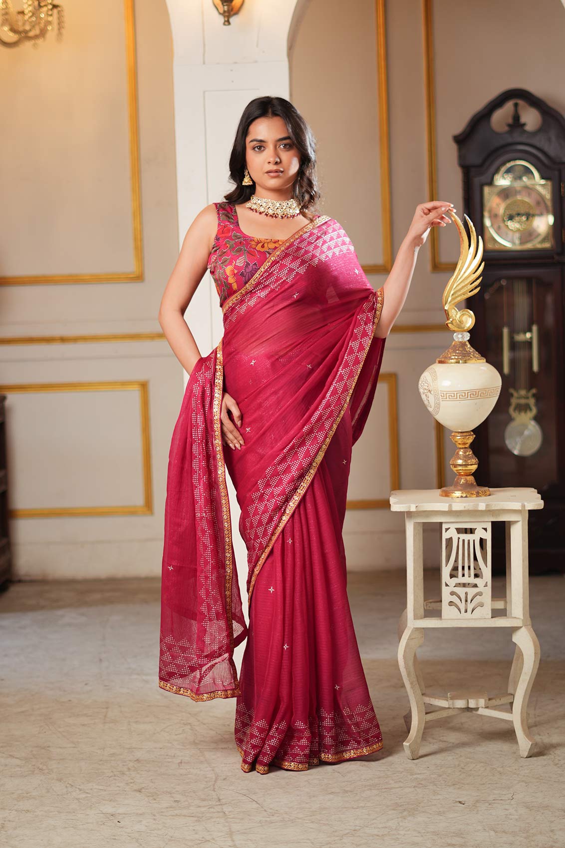 Laxmipati Anaya Wine Geometric Foil Work Chiffon Saree