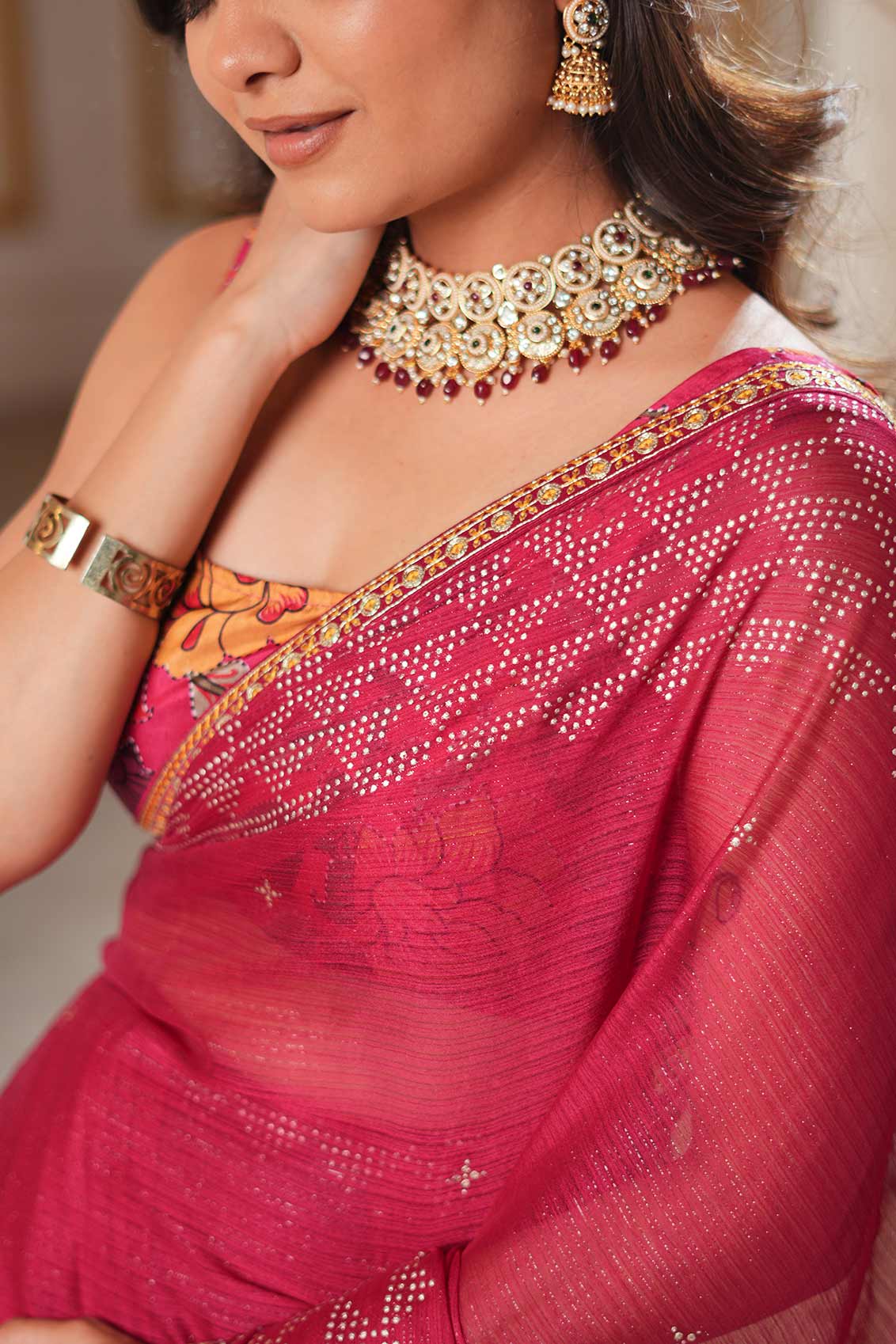 Laxmipati Anaya Wine Geometric Foil Work Chiffon Saree