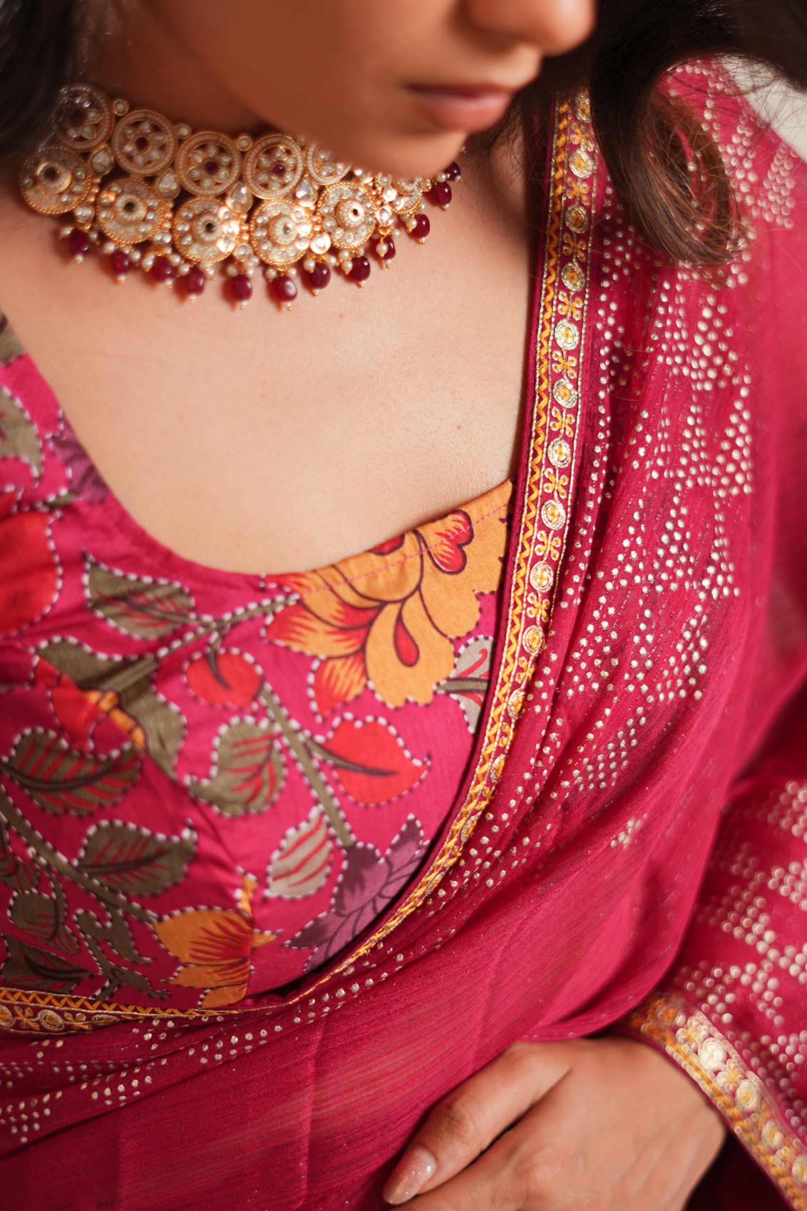 Laxmipati Anaya Wine Geometric Foil Work Chiffon Saree