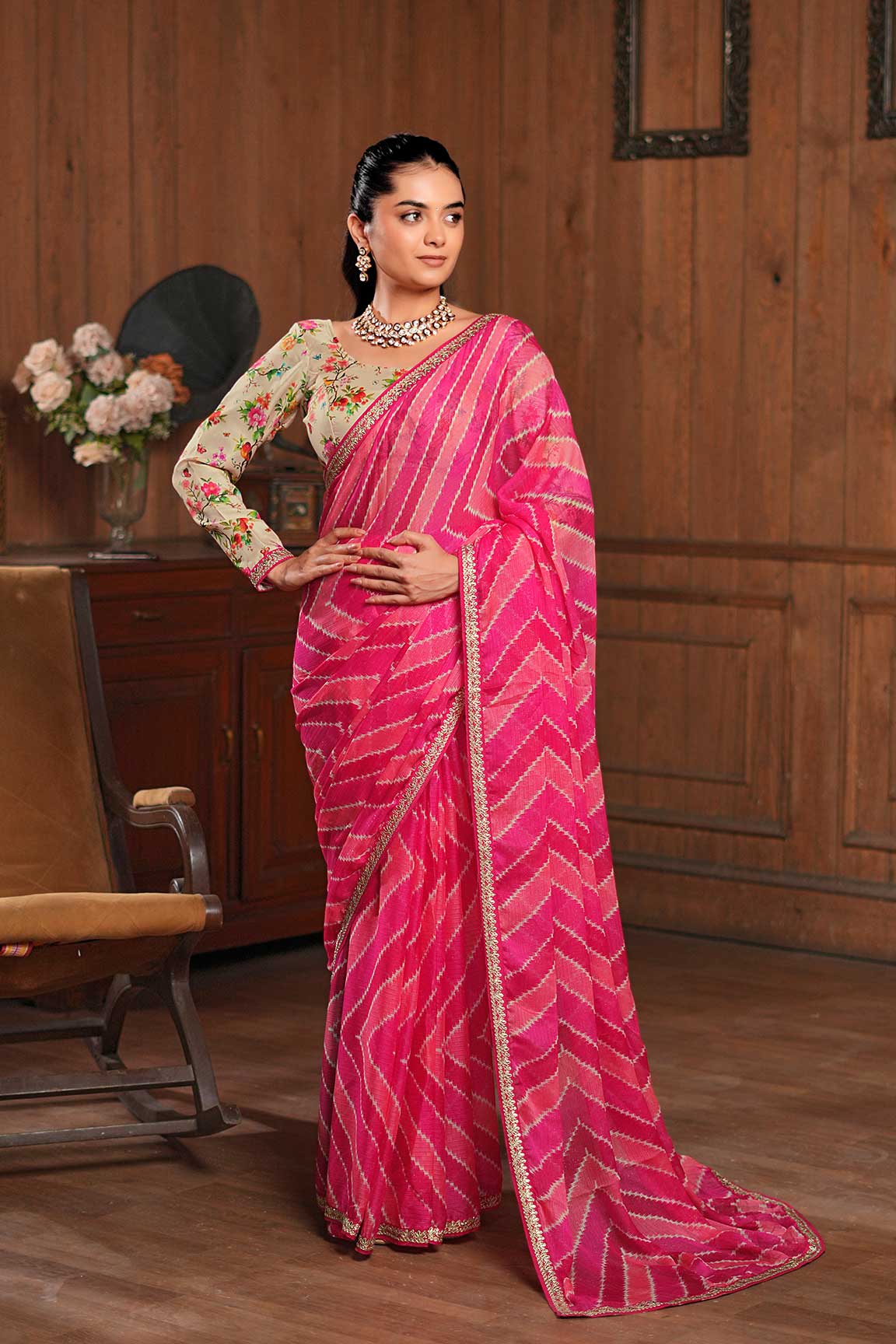 Laxmipati Raadhika Pink Striped Ikat Print Chiffon Saree