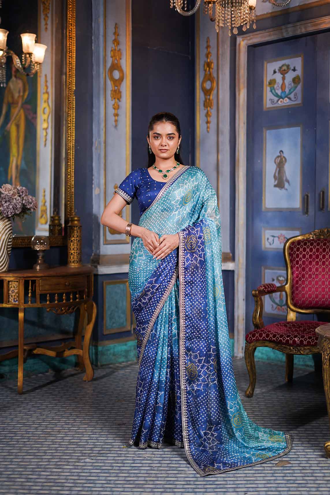Laxmipati Anaya Teal Blue Silk Saree with Bandhani Prints