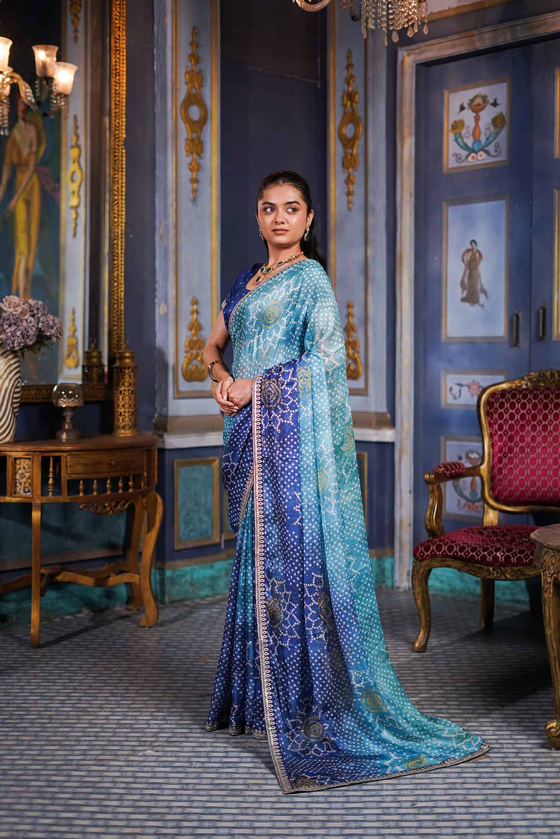 Laxmipati Anaya Teal Blue Silk Saree with Bandhani Prints