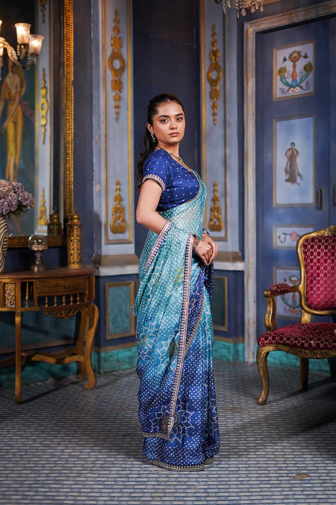 Laxmipati Anaya Teal Blue Silk Saree with Bandhani Prints