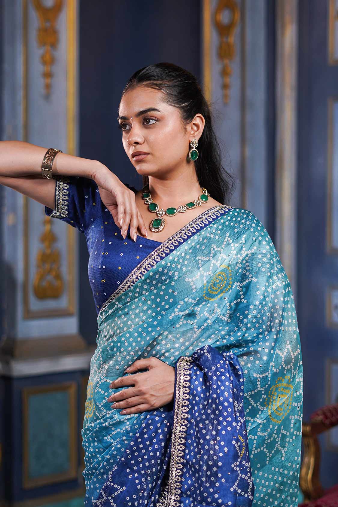 Laxmipati Anaya Teal Blue Silk Saree with Bandhani Prints