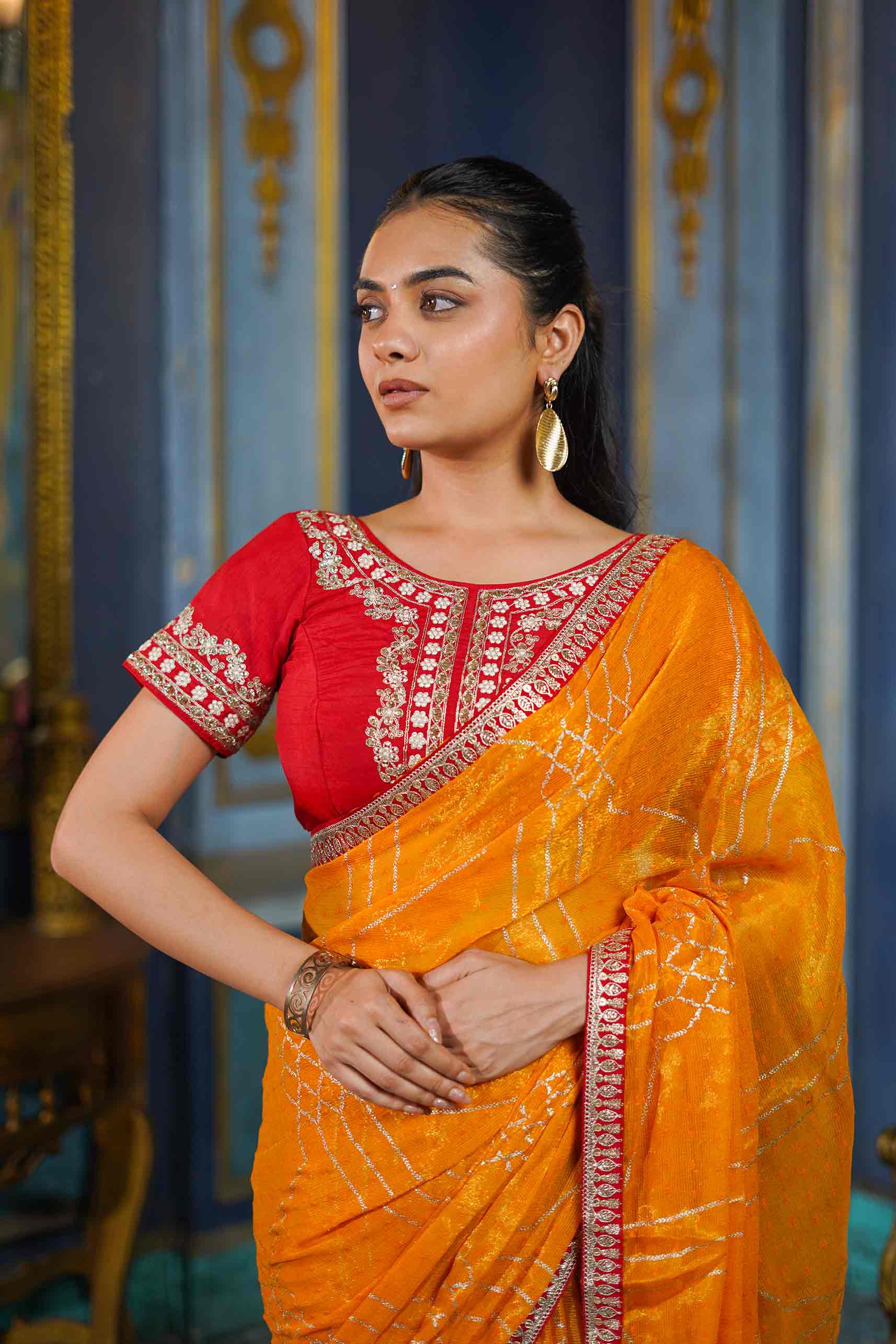 Laxmipati Anaya Mustard Chiffon Saree with Geometric Foil Work