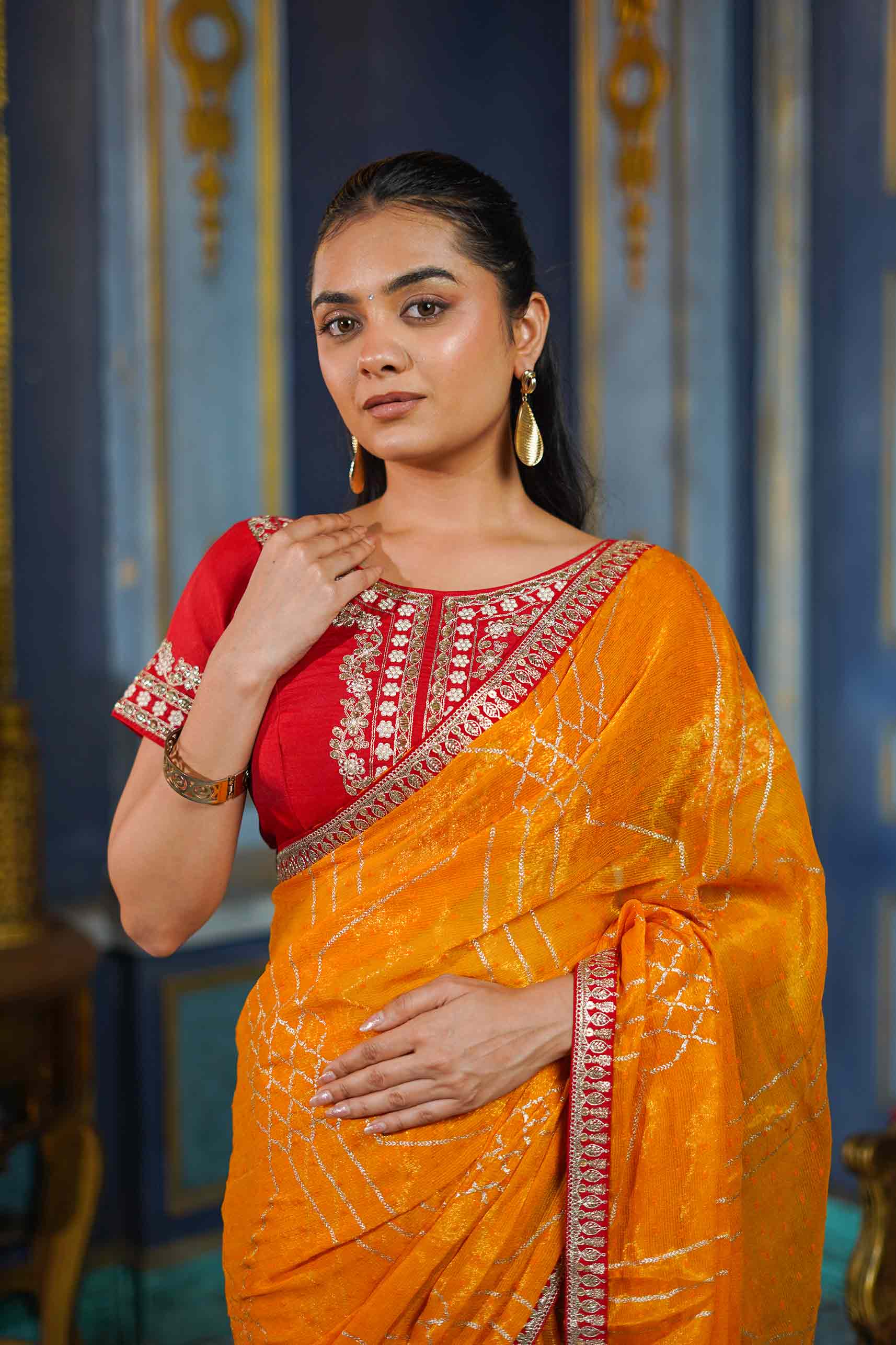 Laxmipati Anaya Mustard Chiffon Saree with Geometric Foil Work