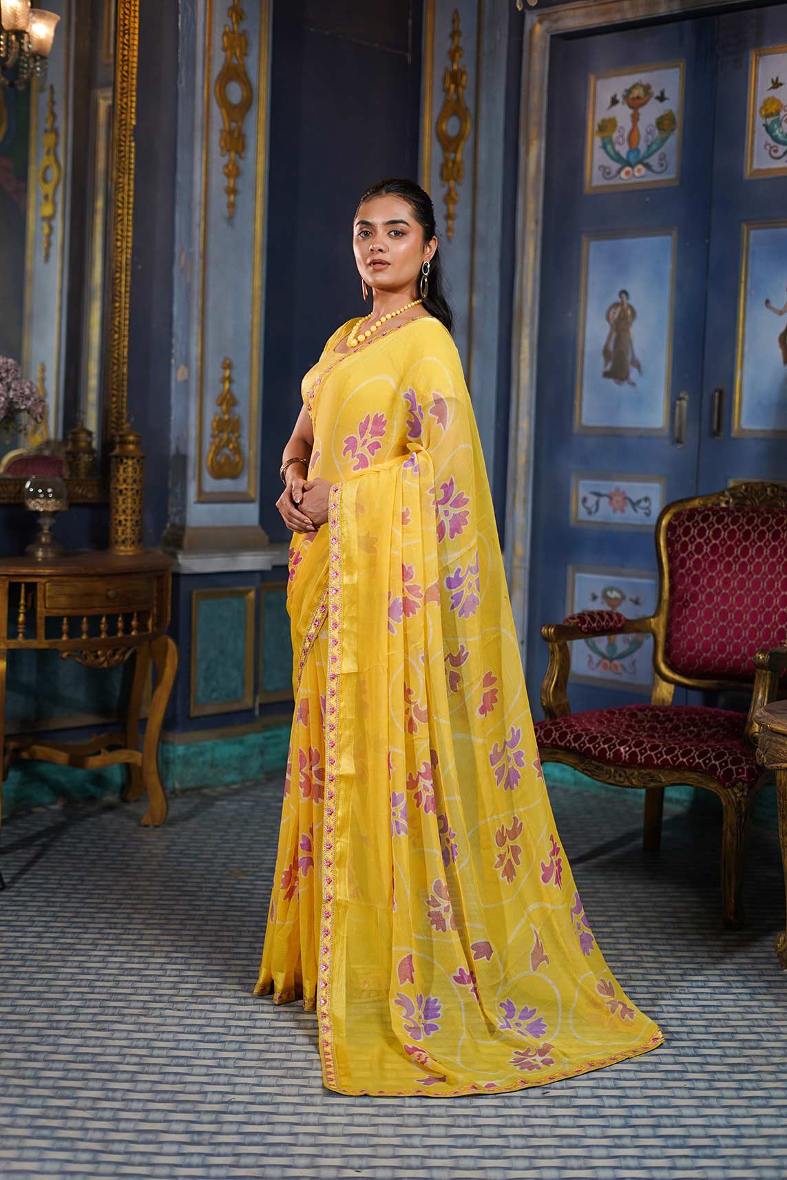 Laxmipati Ishita Yellow Floral Printed Chiffon Saree