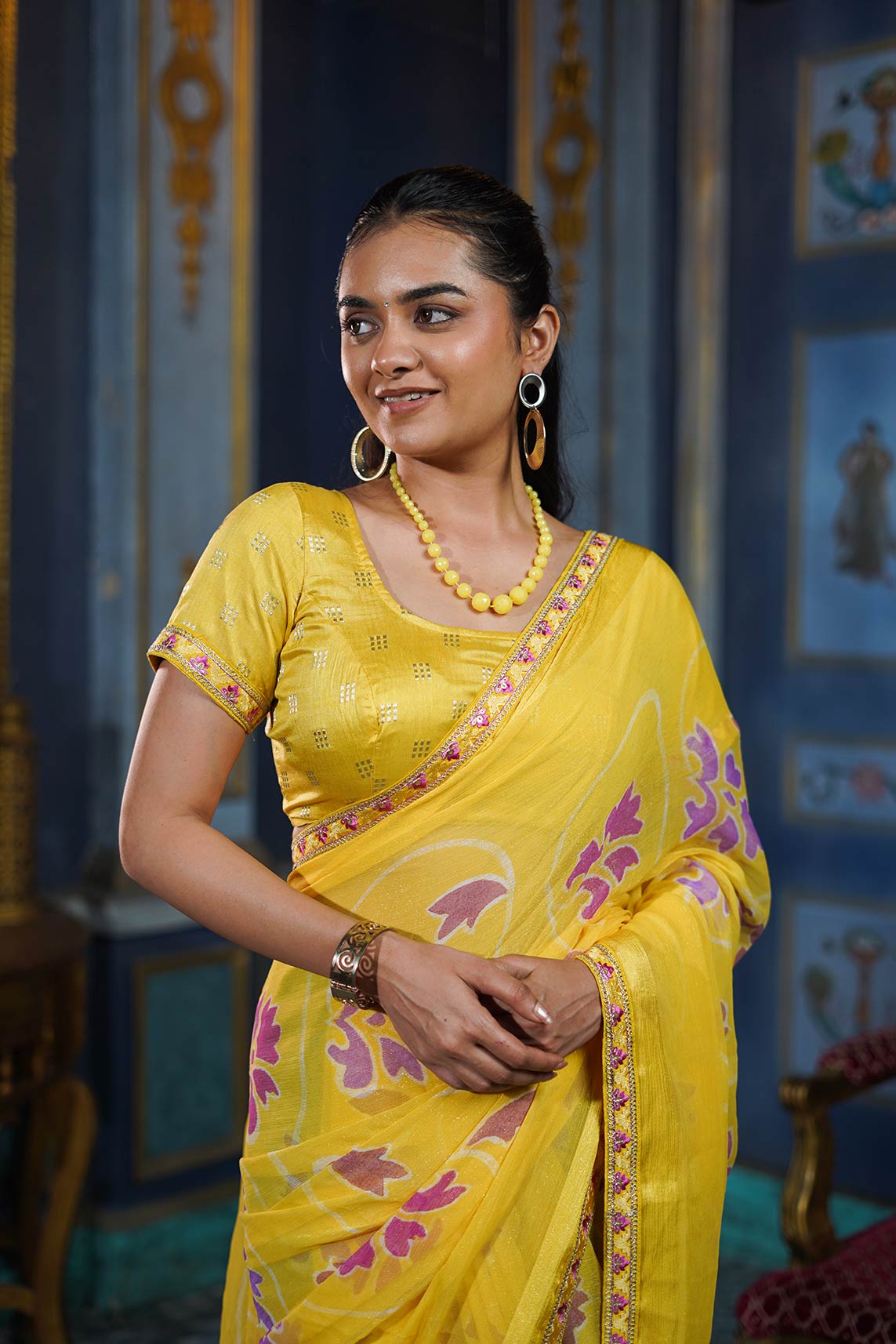 Laxmipati Ishita Yellow Floral Printed Chiffon Saree