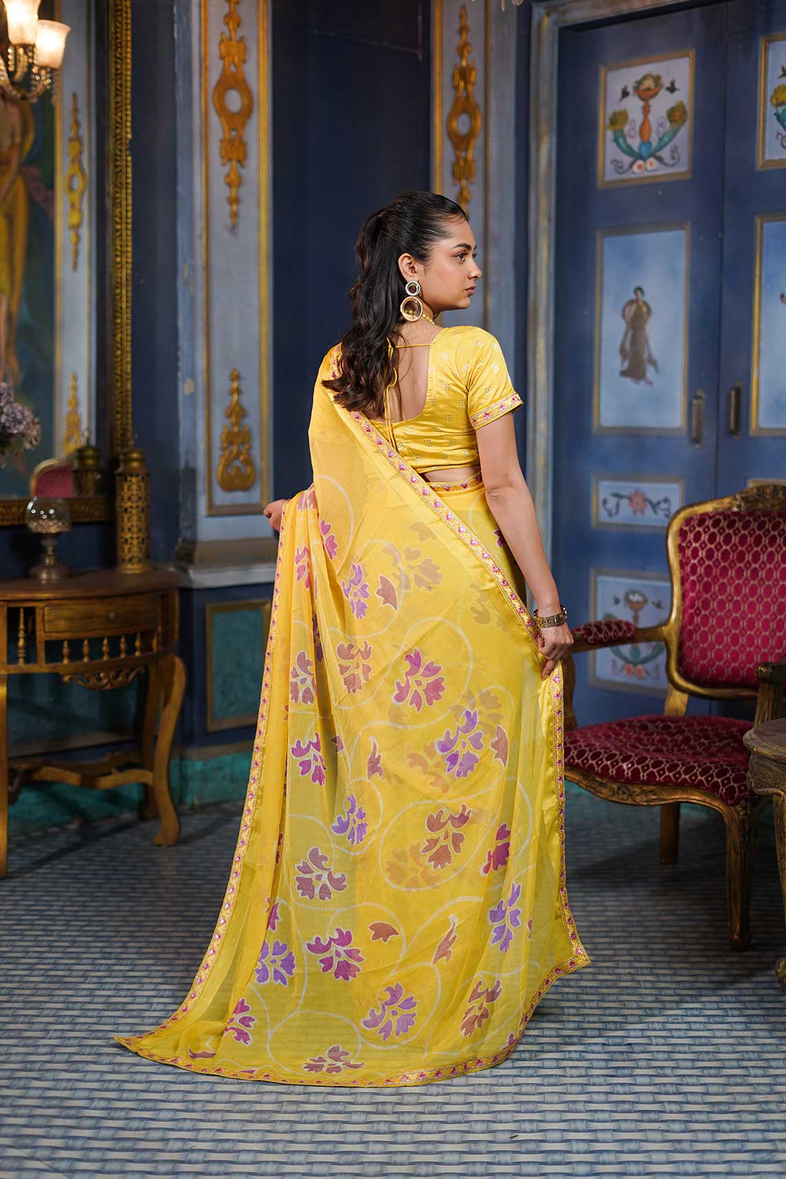 Laxmipati Ishita Yellow Floral Printed Chiffon Saree