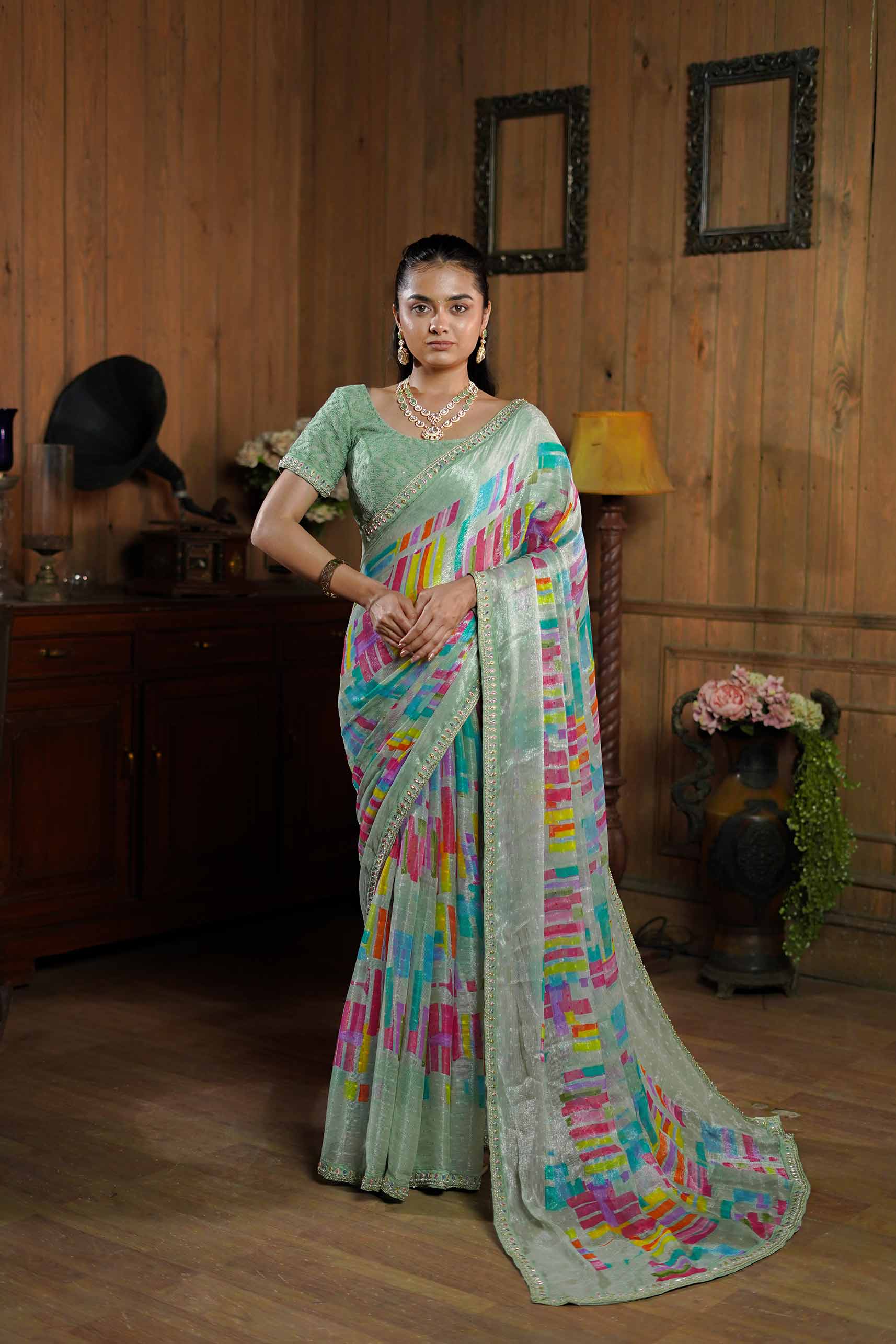 Laxmipati Ishita Pastel Green Abstract Printed Silk Saree